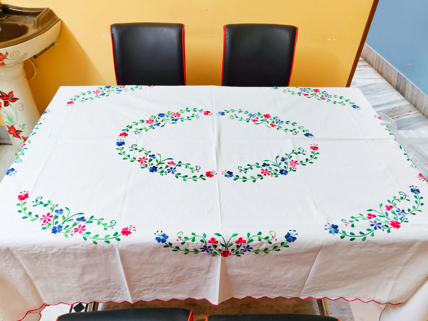 Hand Embroidered Floral Table Cover