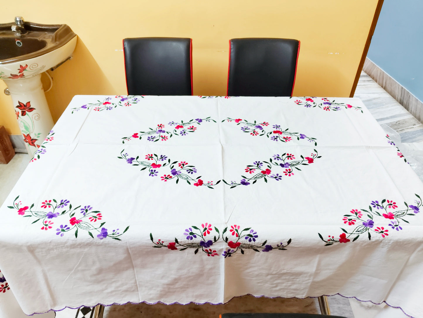 Hand Embroidered Floral Table Cover