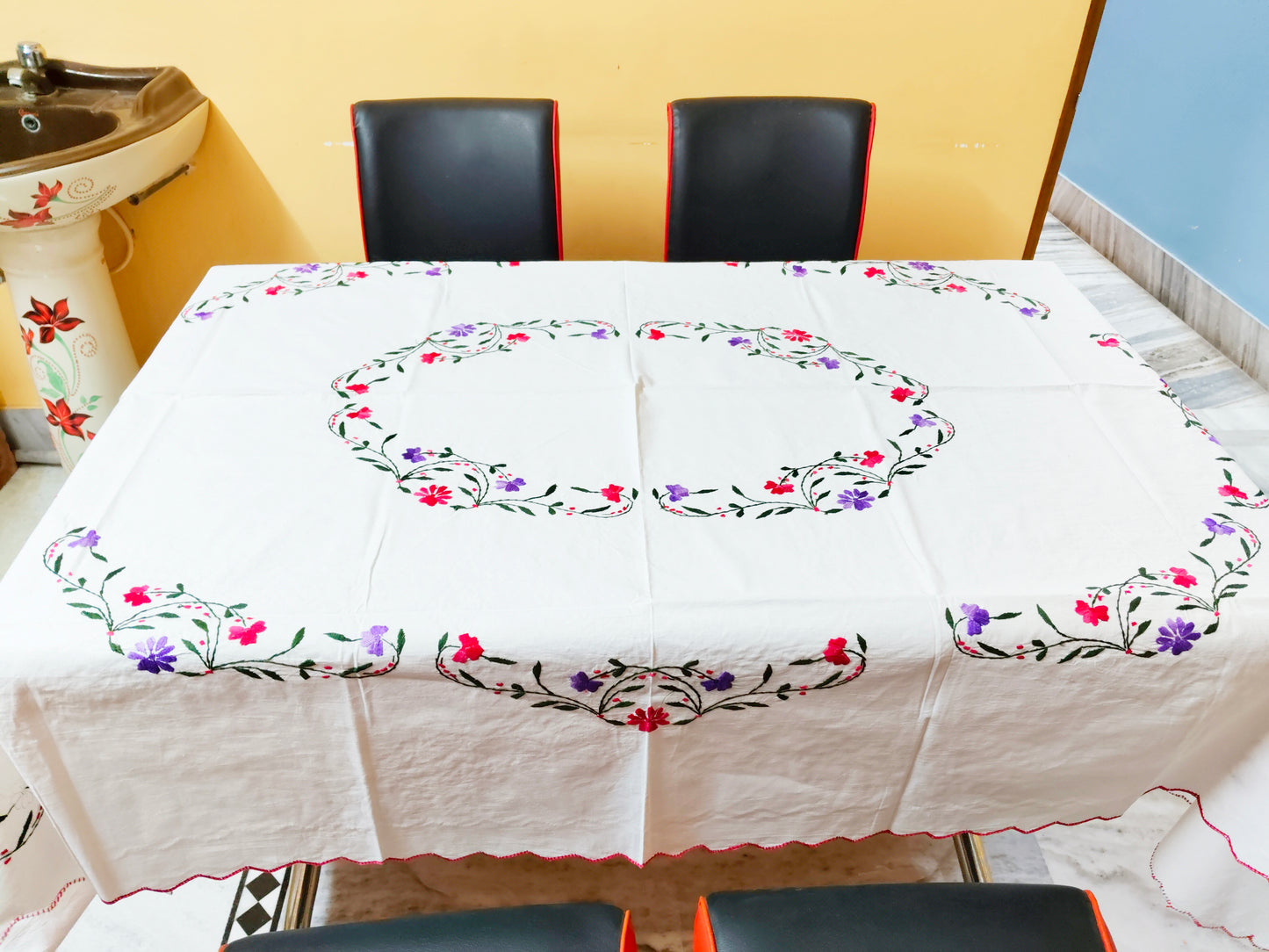 Hand Embroidered Floral Table Cover