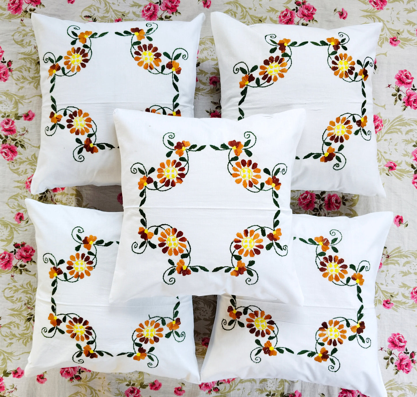 Hand Embroidered Cotton Cushion Covers (Set of 5)