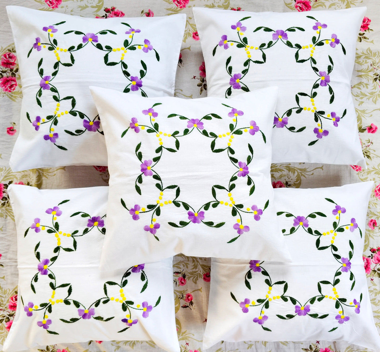 Hand Embroidered Cotton Cushion Covers (Set of 5)