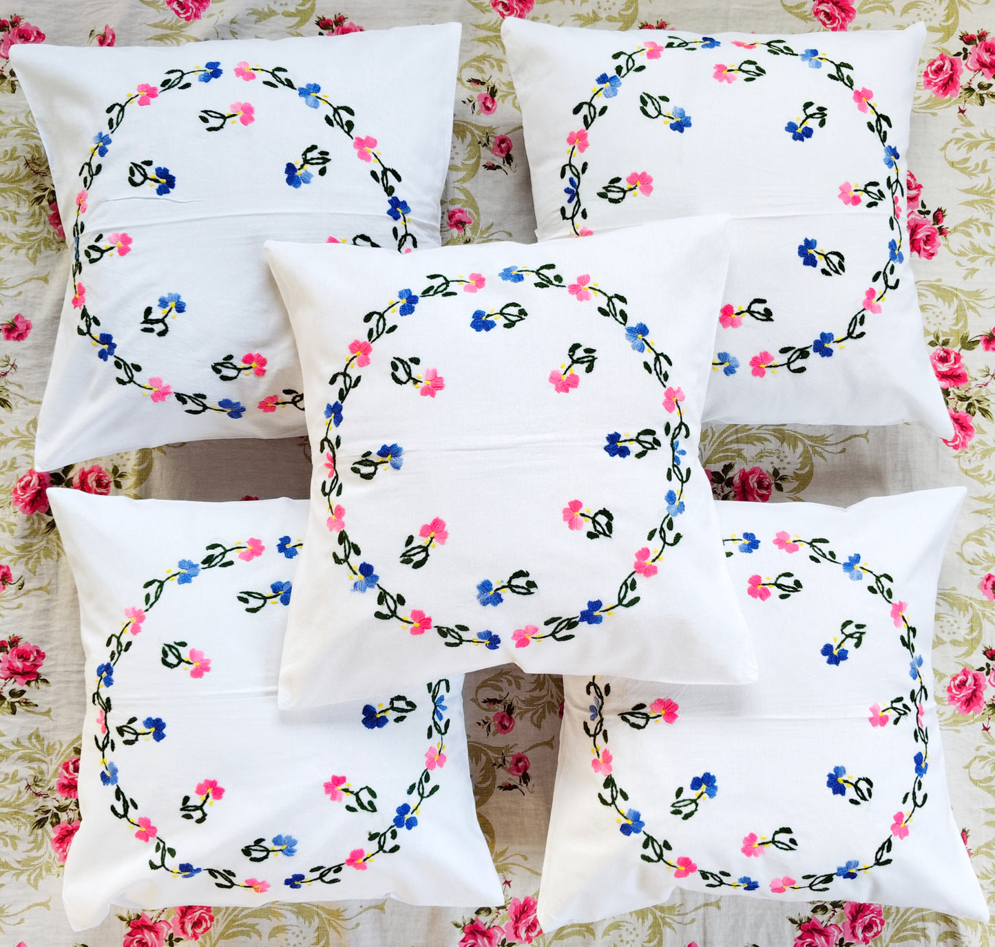 Hand Embroidered Cotton Cushion Covers (Set of 5)