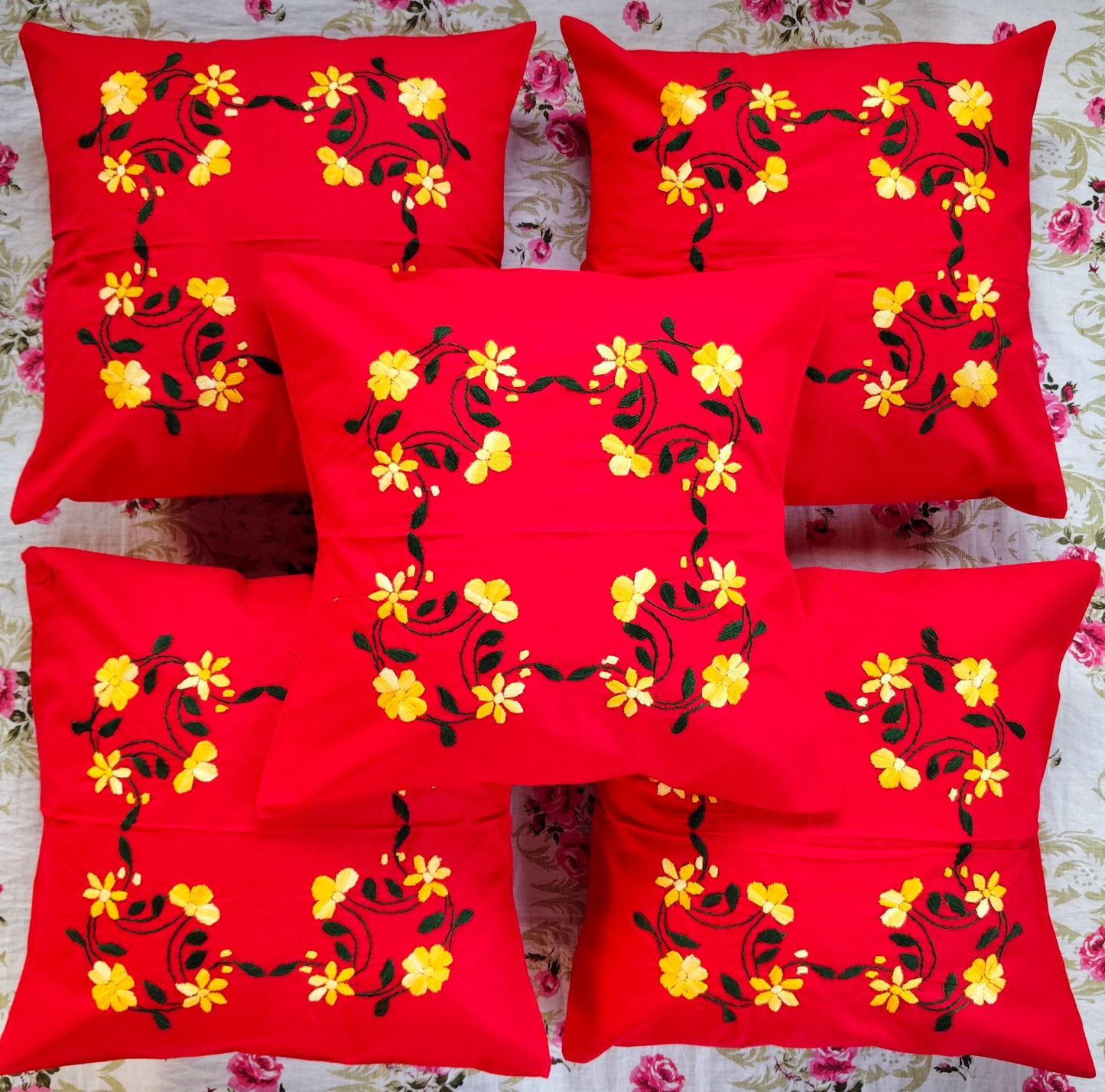 Hand Embroidered Cotton Cushion Covers (Set of 5)