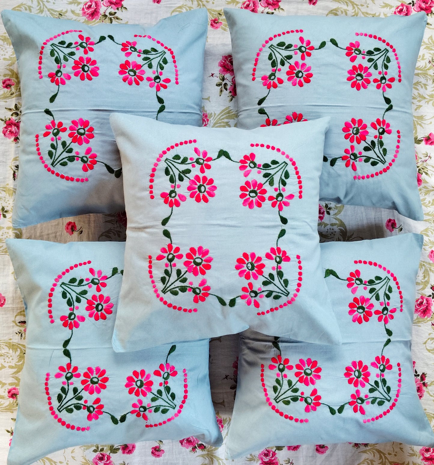 Hand Embroidered Cotton Cushion Covers (Set of 5)