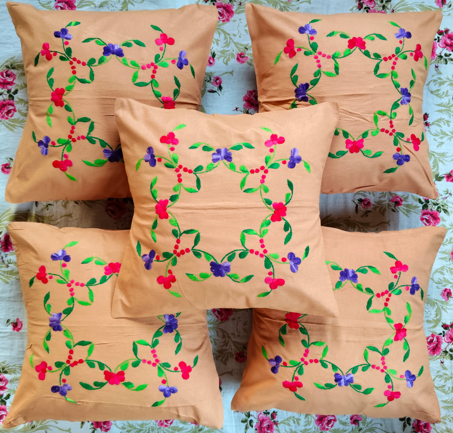 Hand Embroidered Cotton Cushion Covers (Set of 5)