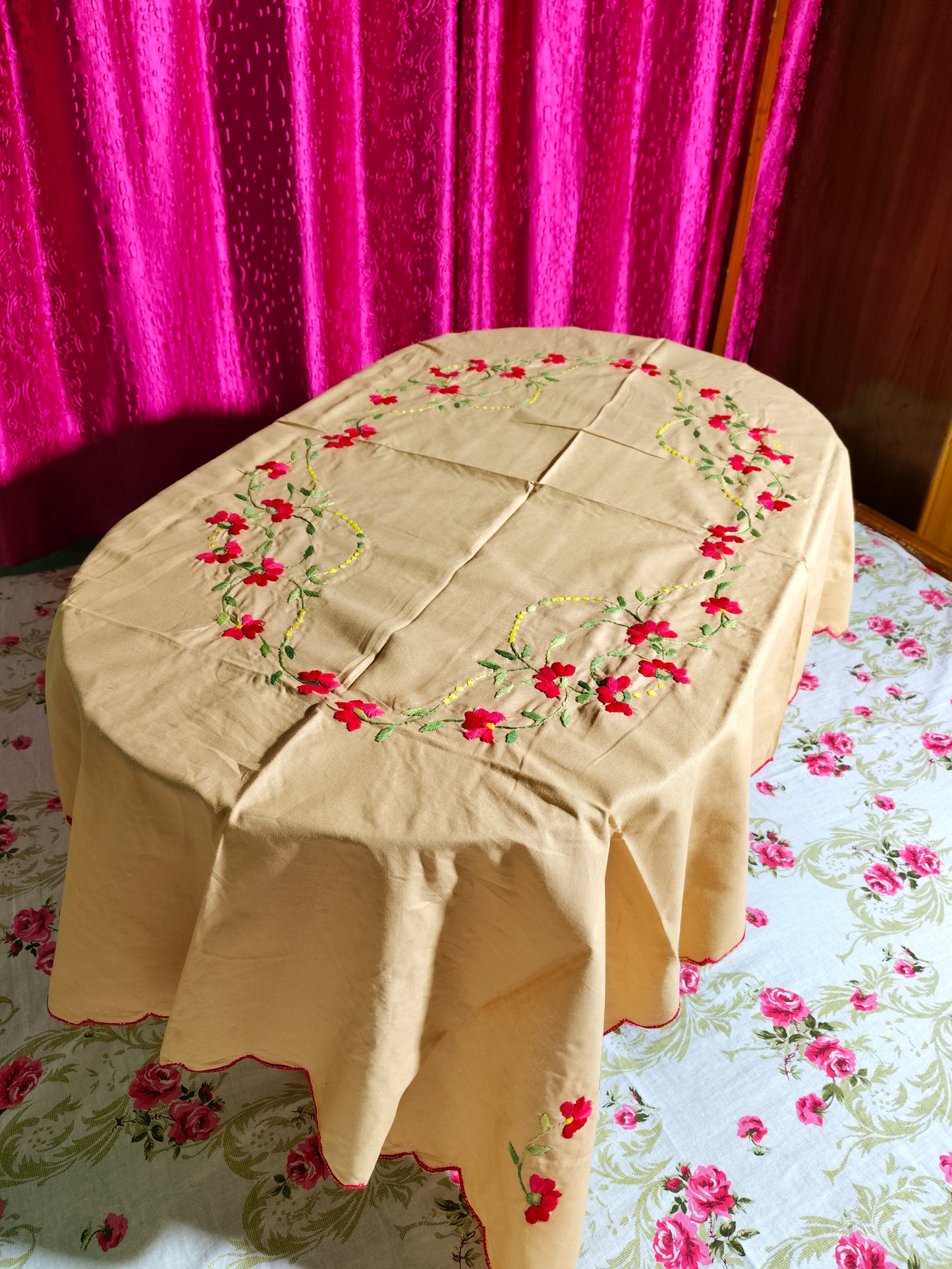 Hand Embroidered Floral Table Cover