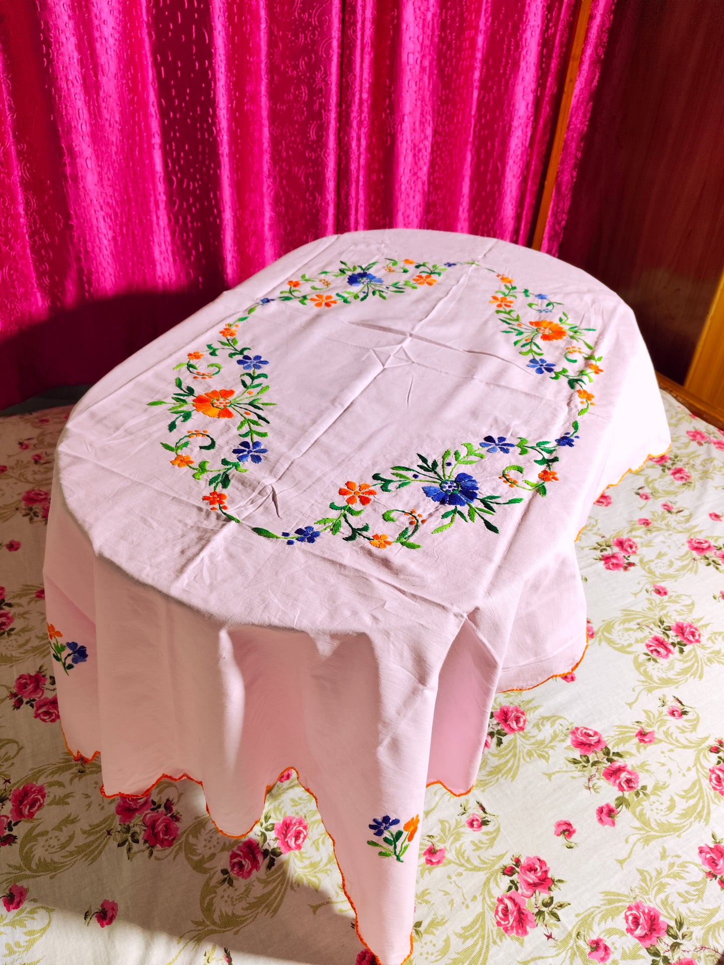 Hand Embroidered Floral Table Cover