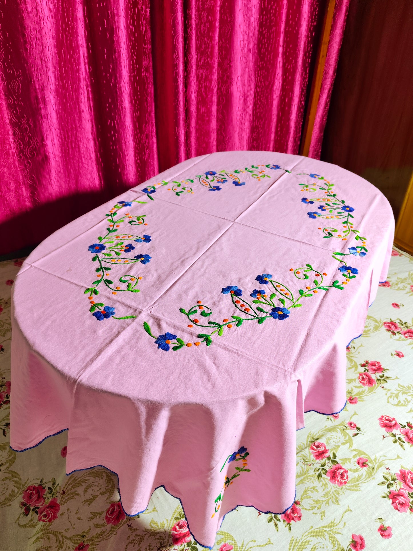 Hand Embroidered Floral Table Cover