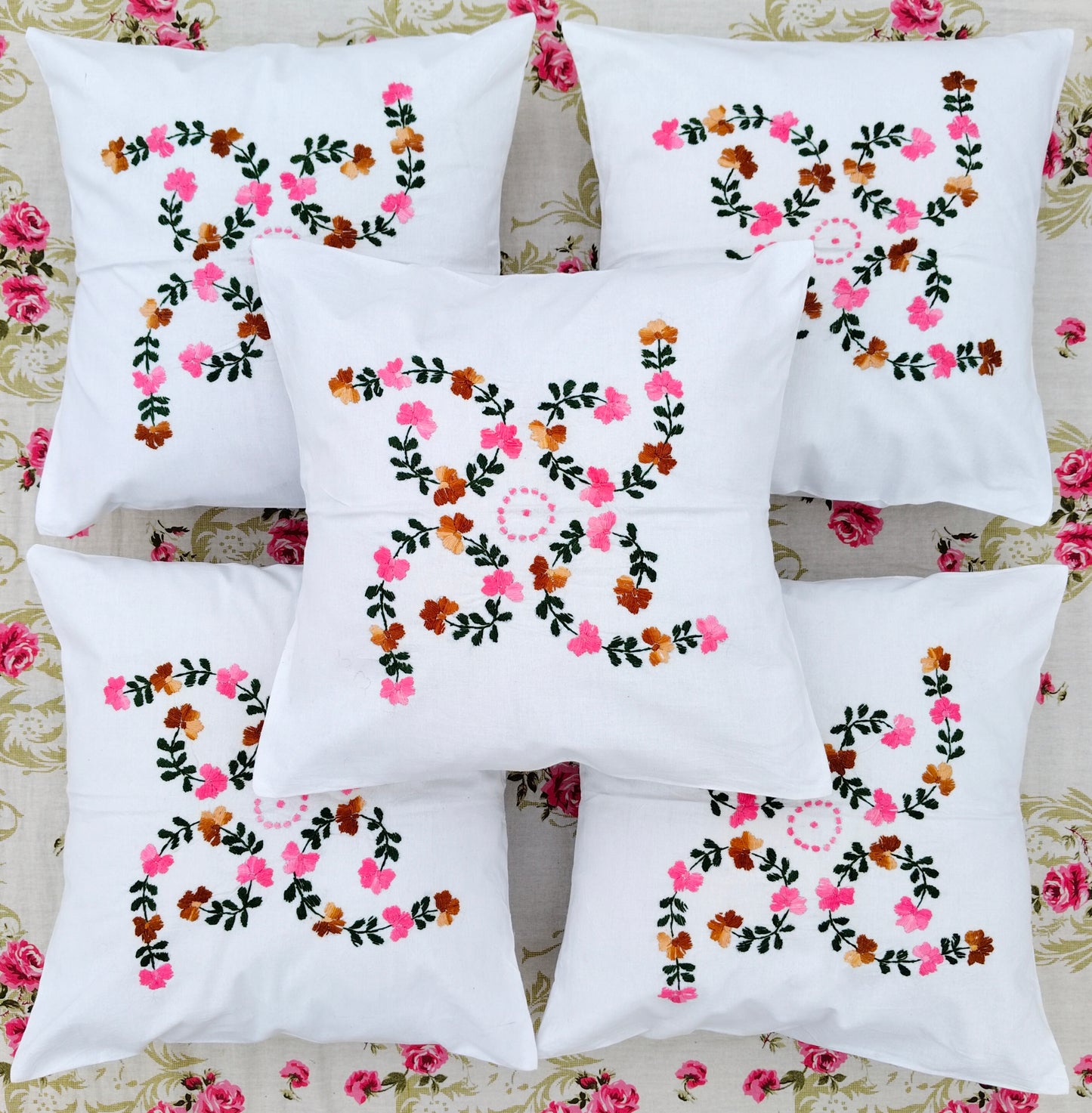 Hand Embroidered Cotton Cushion Covers (Set of 5)