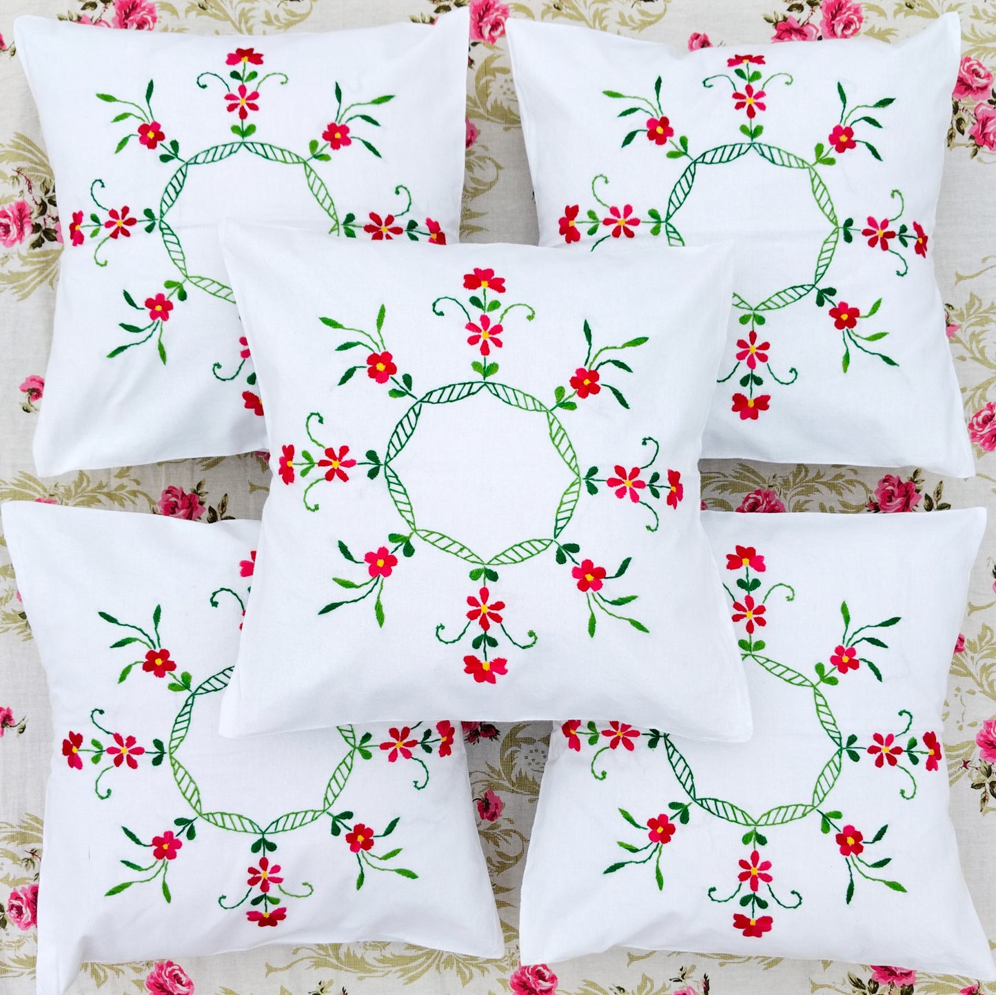 Hand Embroidered Cotton Cushion Covers (Set of 5)