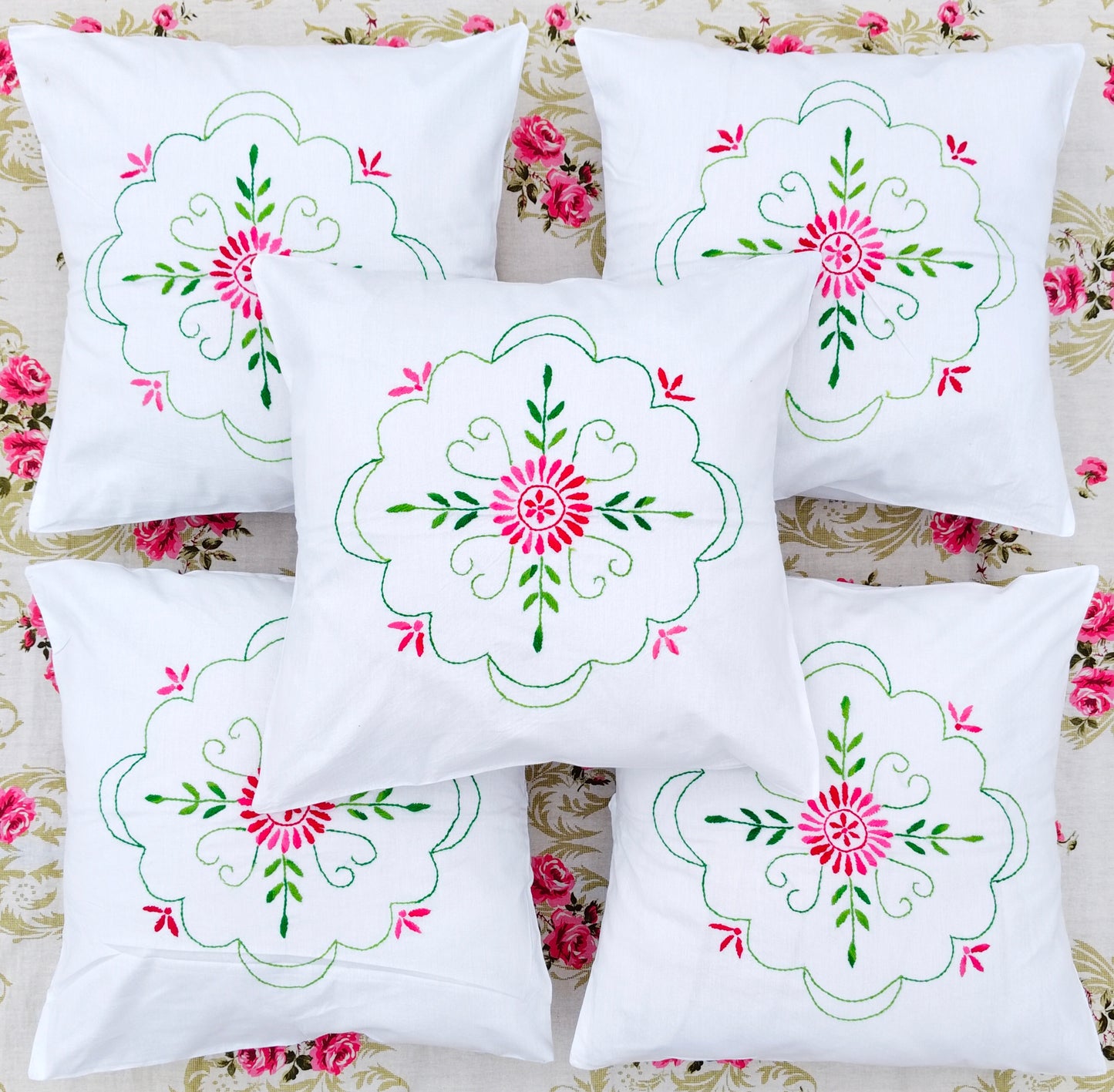 Hand Embroidered Cotton Cushion Covers (Set of 5)