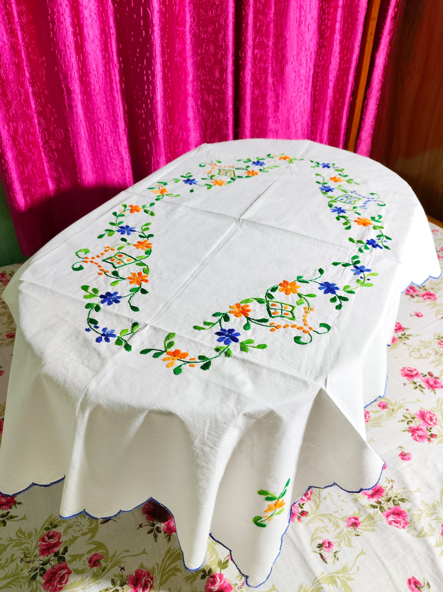 Hand Embroidered Floral Table Cover