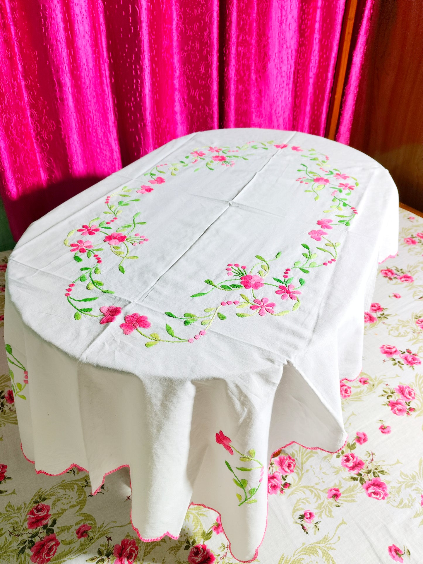 Hand Embroidered Floral Table Cover