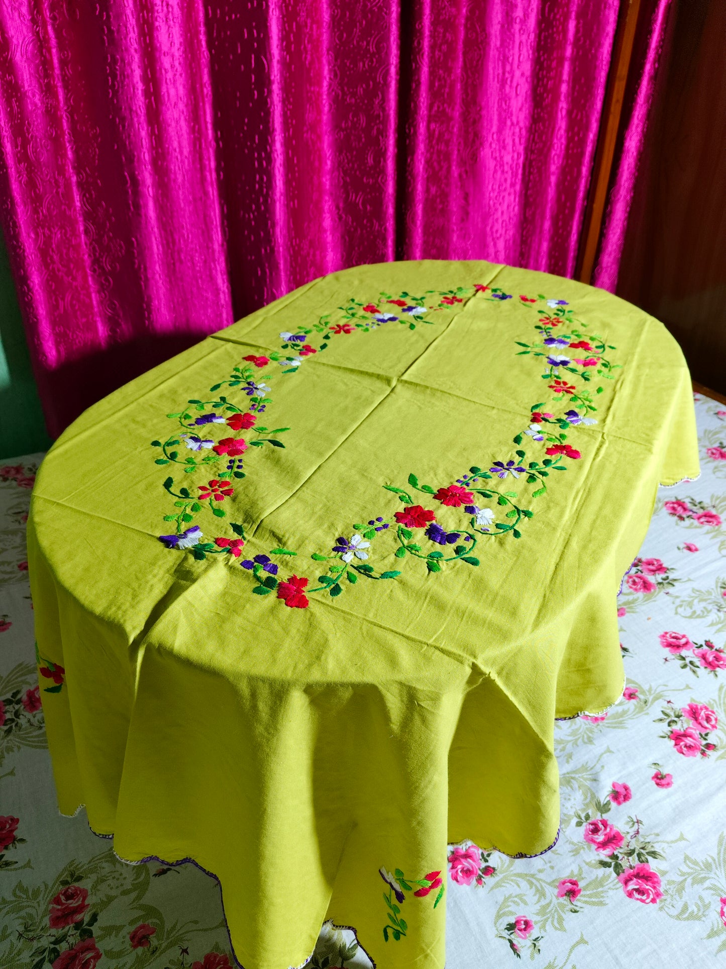 Hand Embroidered Floral Table Cover