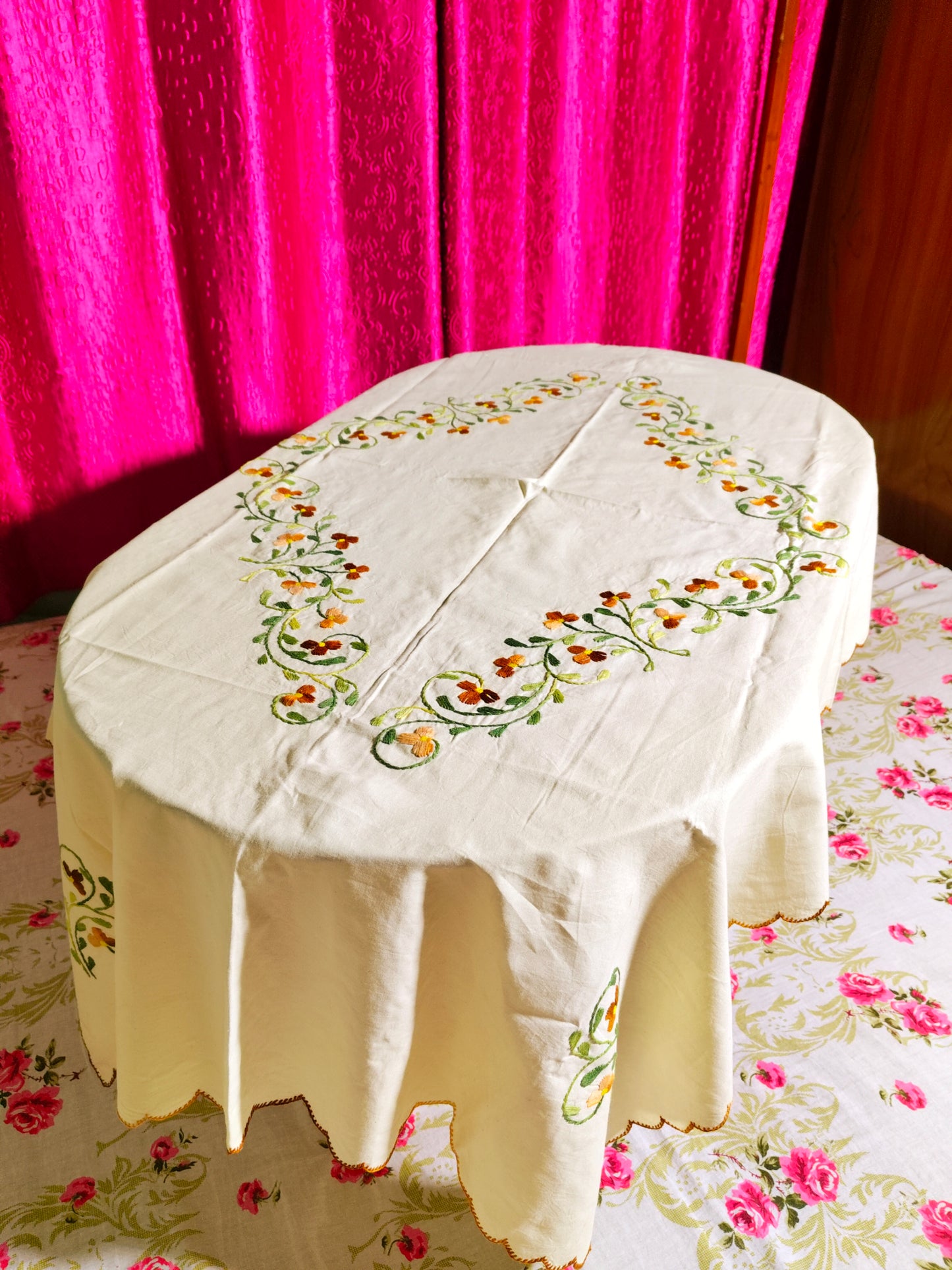 Hand Embroidered Floral Table Cover