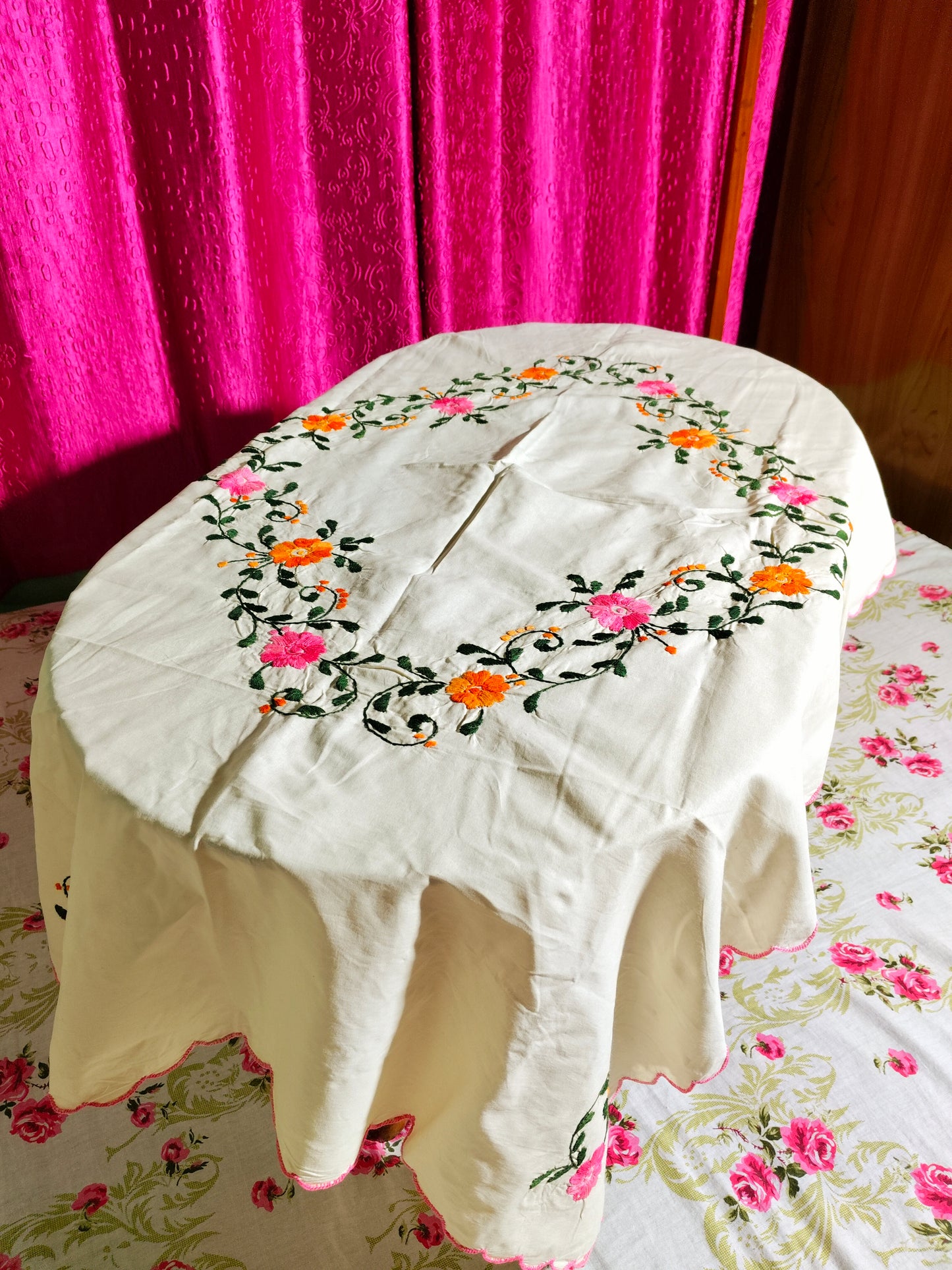 Hand Embroidered Floral Table Cover