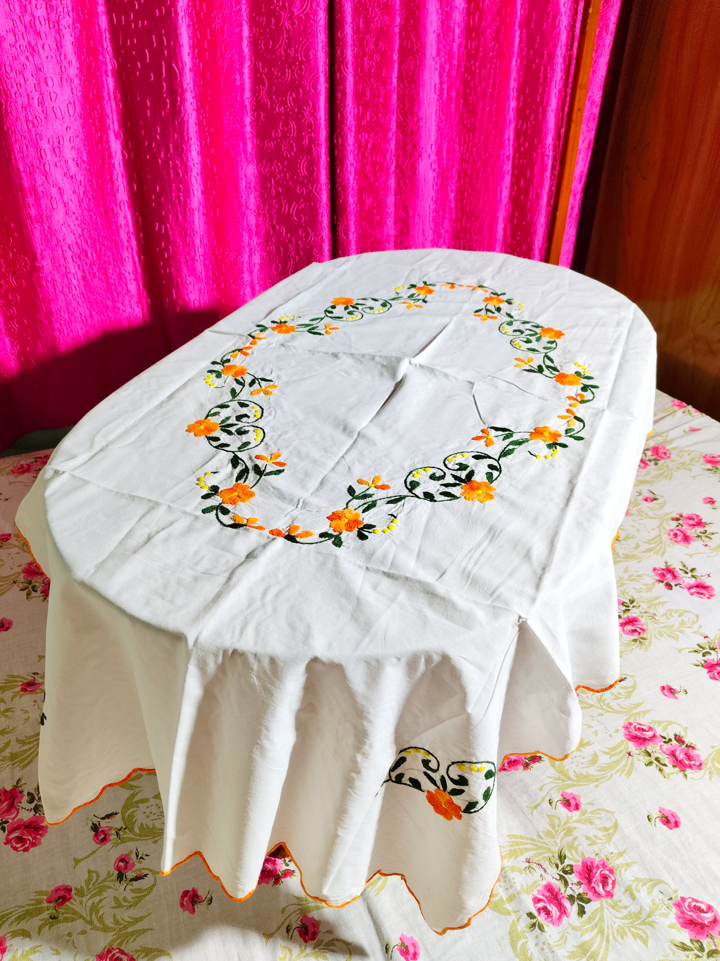 Hand Embroidered Floral Table Cover