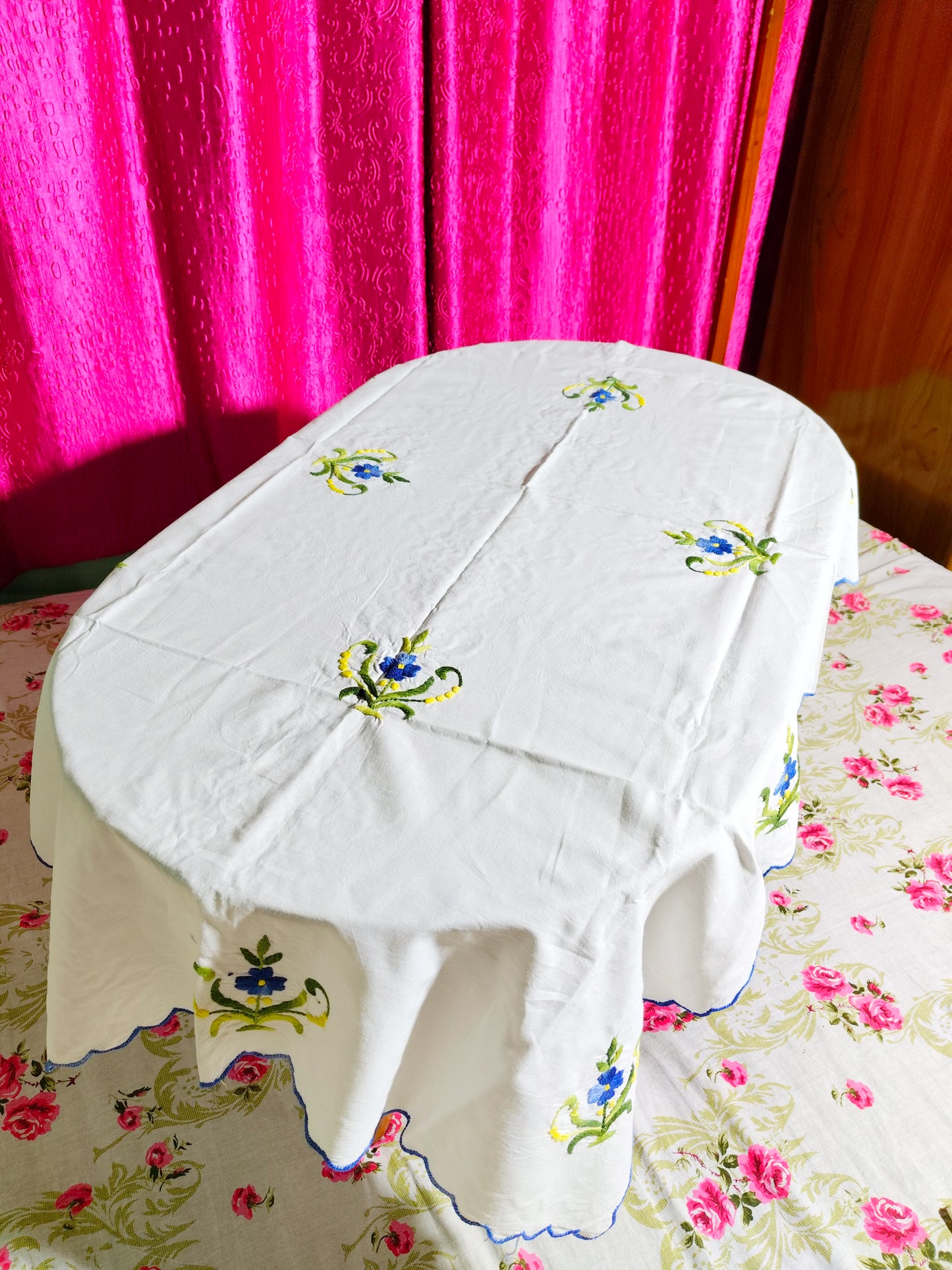 Hand Embroidered Floral Table Cover