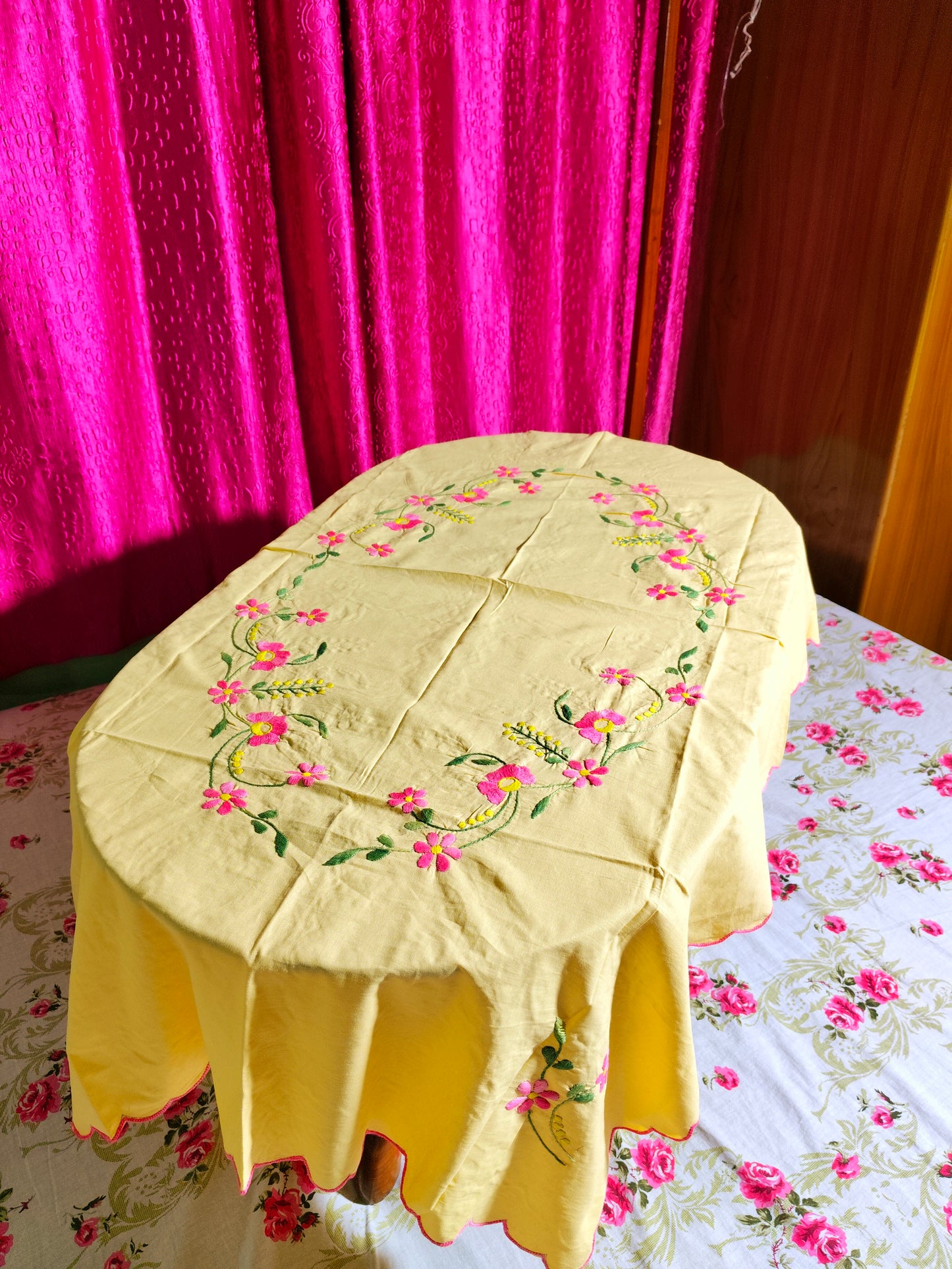 Hand Embroidered Floral Table Cover