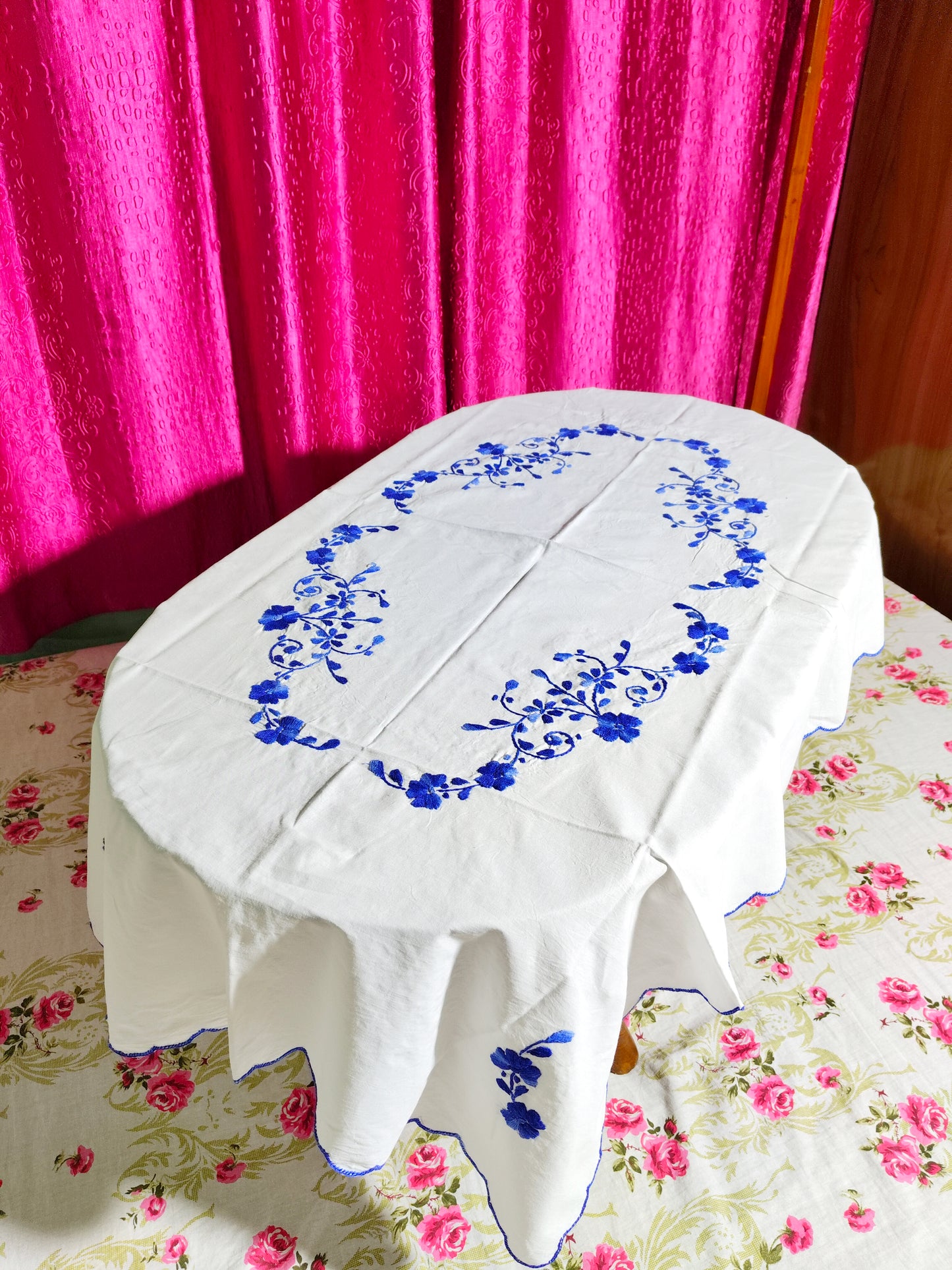 Hand Embroidered Floral Table Cover