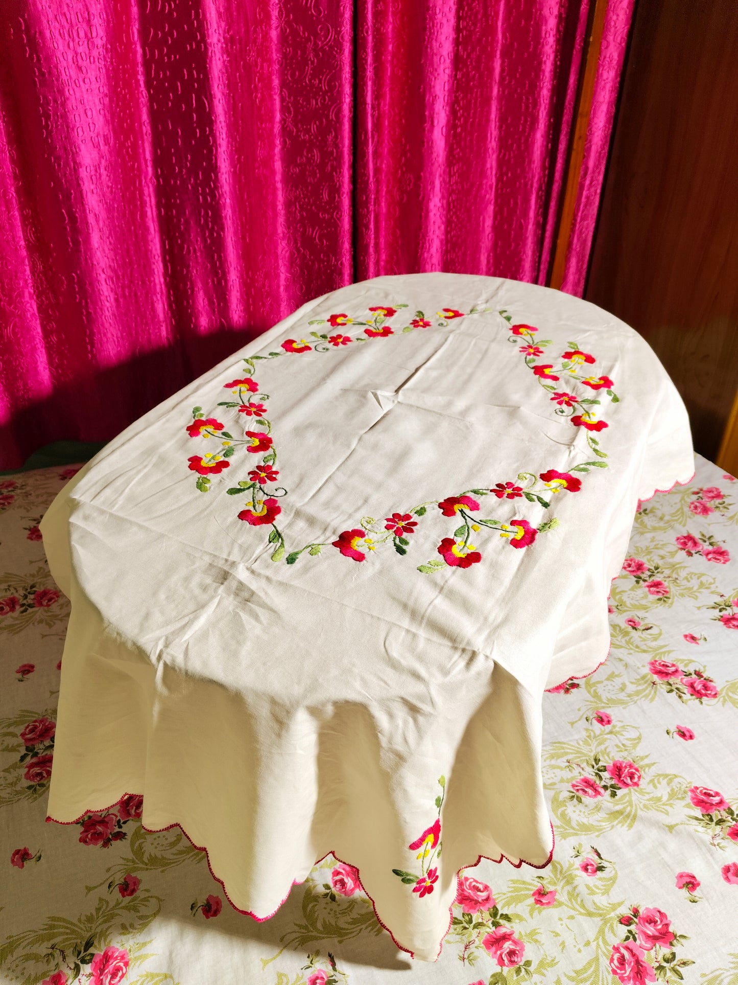 Hand Embroidered Floral Table Cover