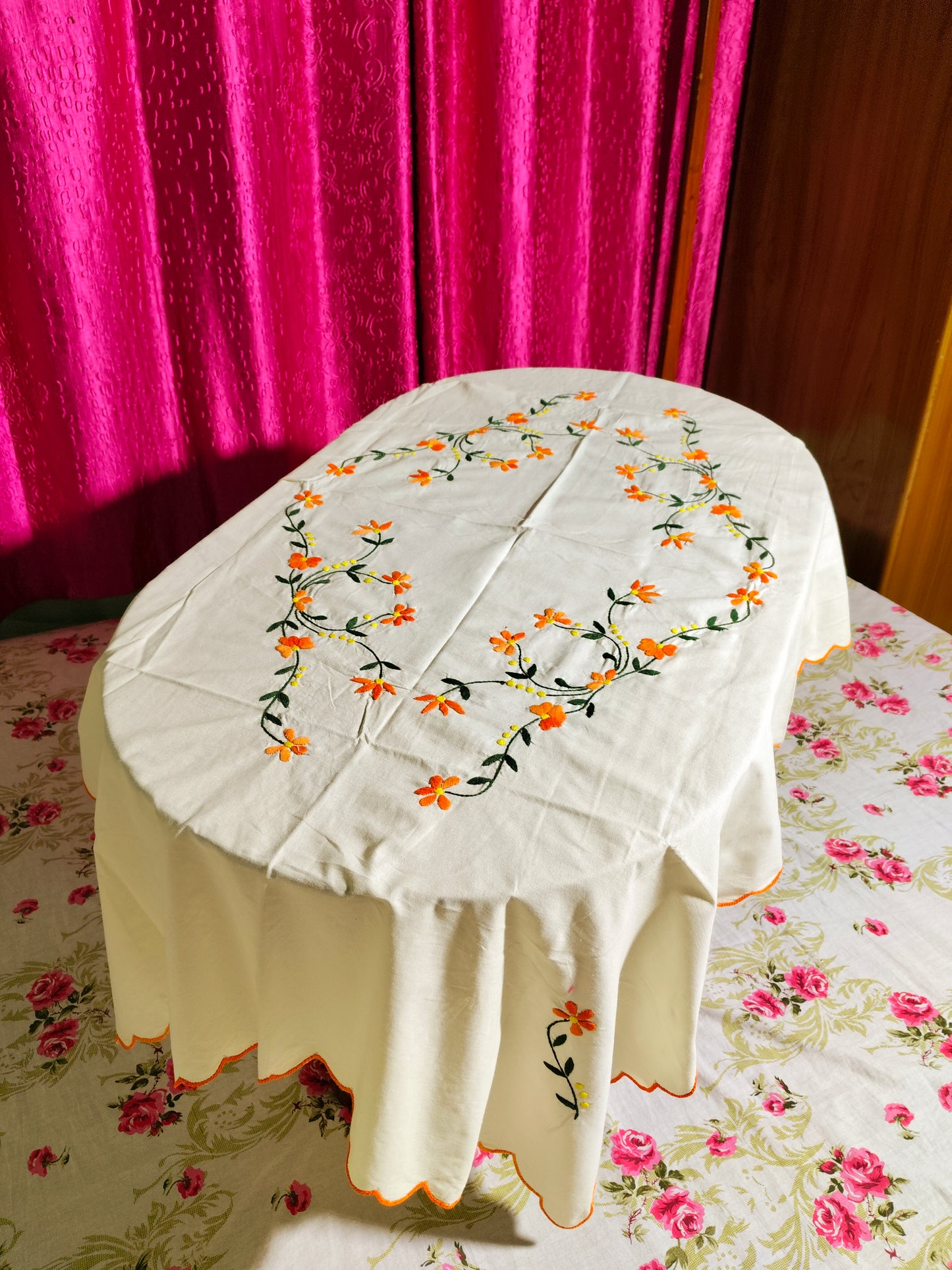 Hand Embroidered Floral Table Cover