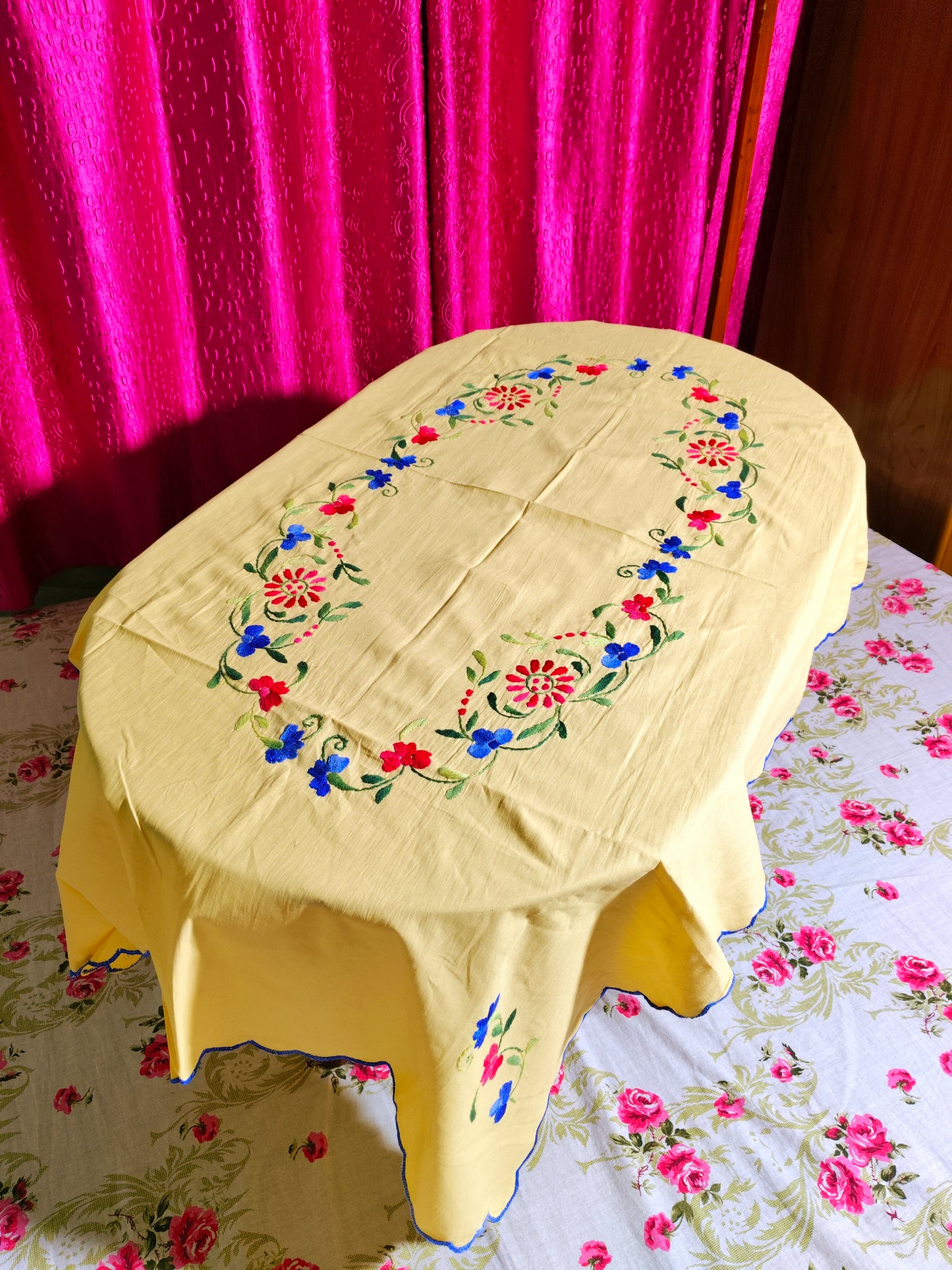 Hand Embroidered Floral Table Cover