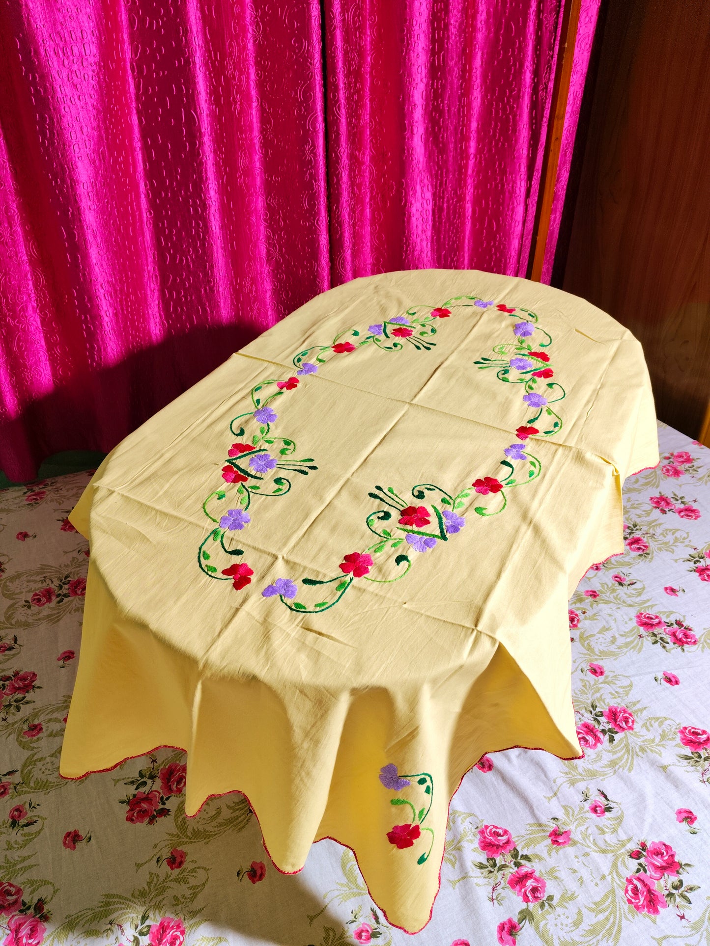 Hand Embroidered Floral Table Cover