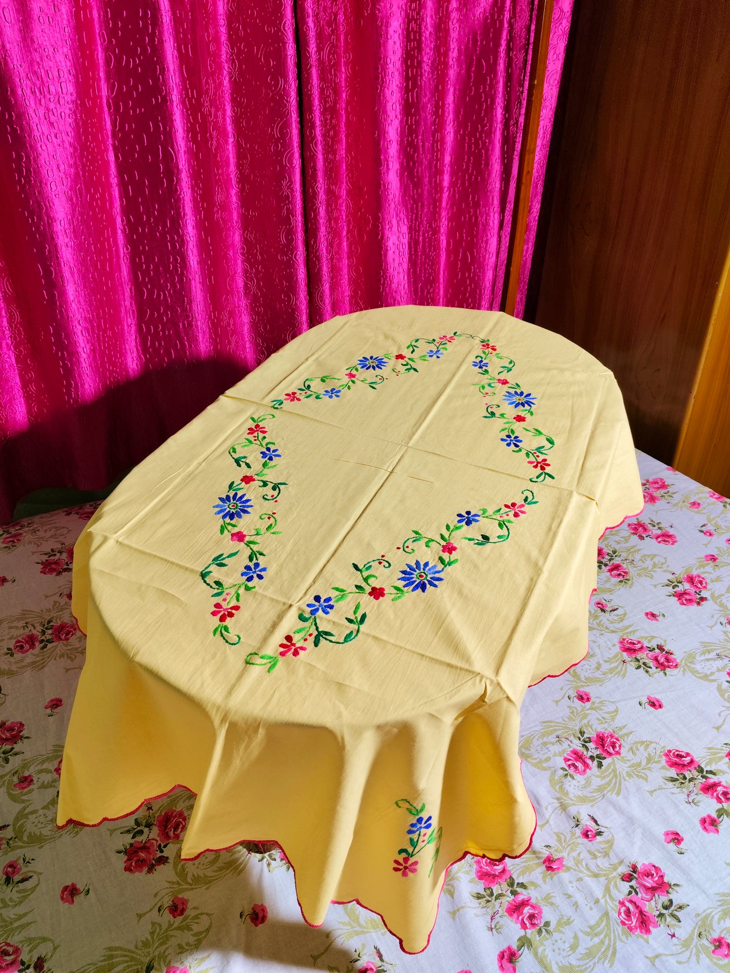 Hand Embroidered Floral Table Cover