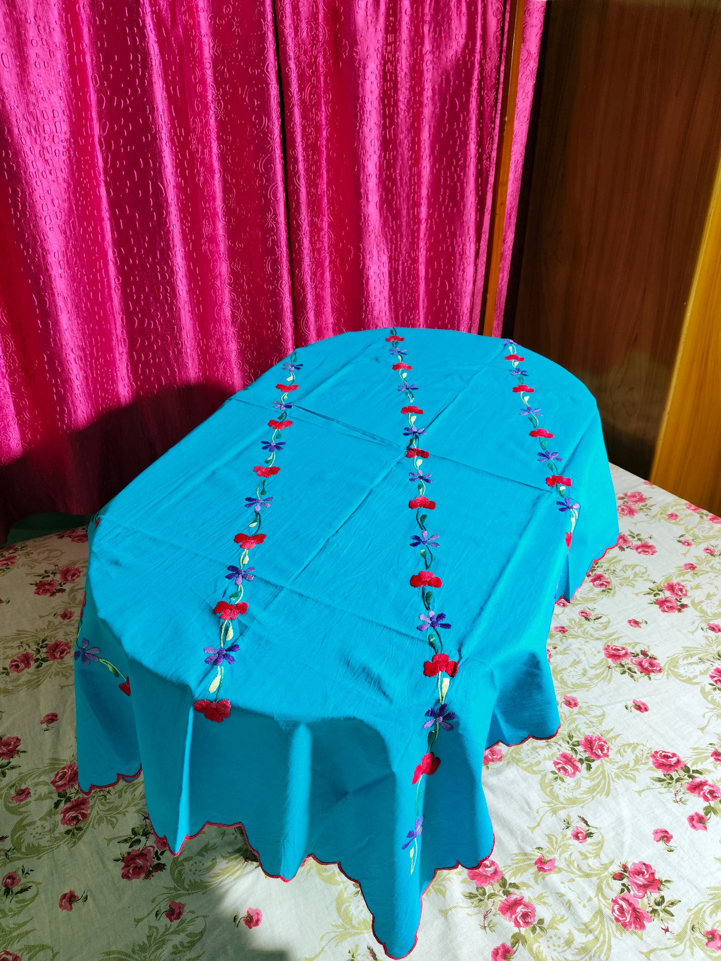 Hand Embroidered Floral Table Cover