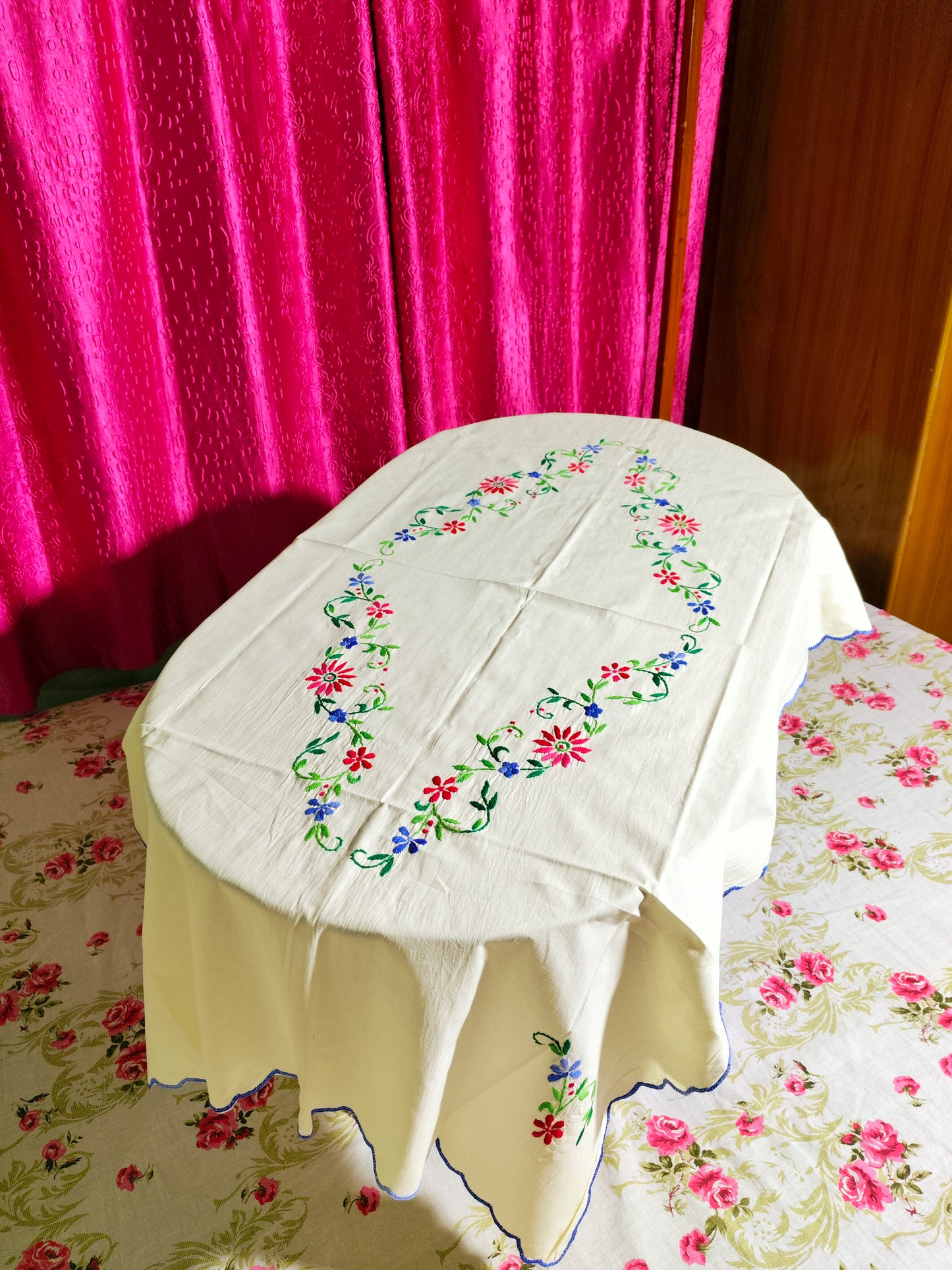 Hand Embroidered Floral Table Cover
