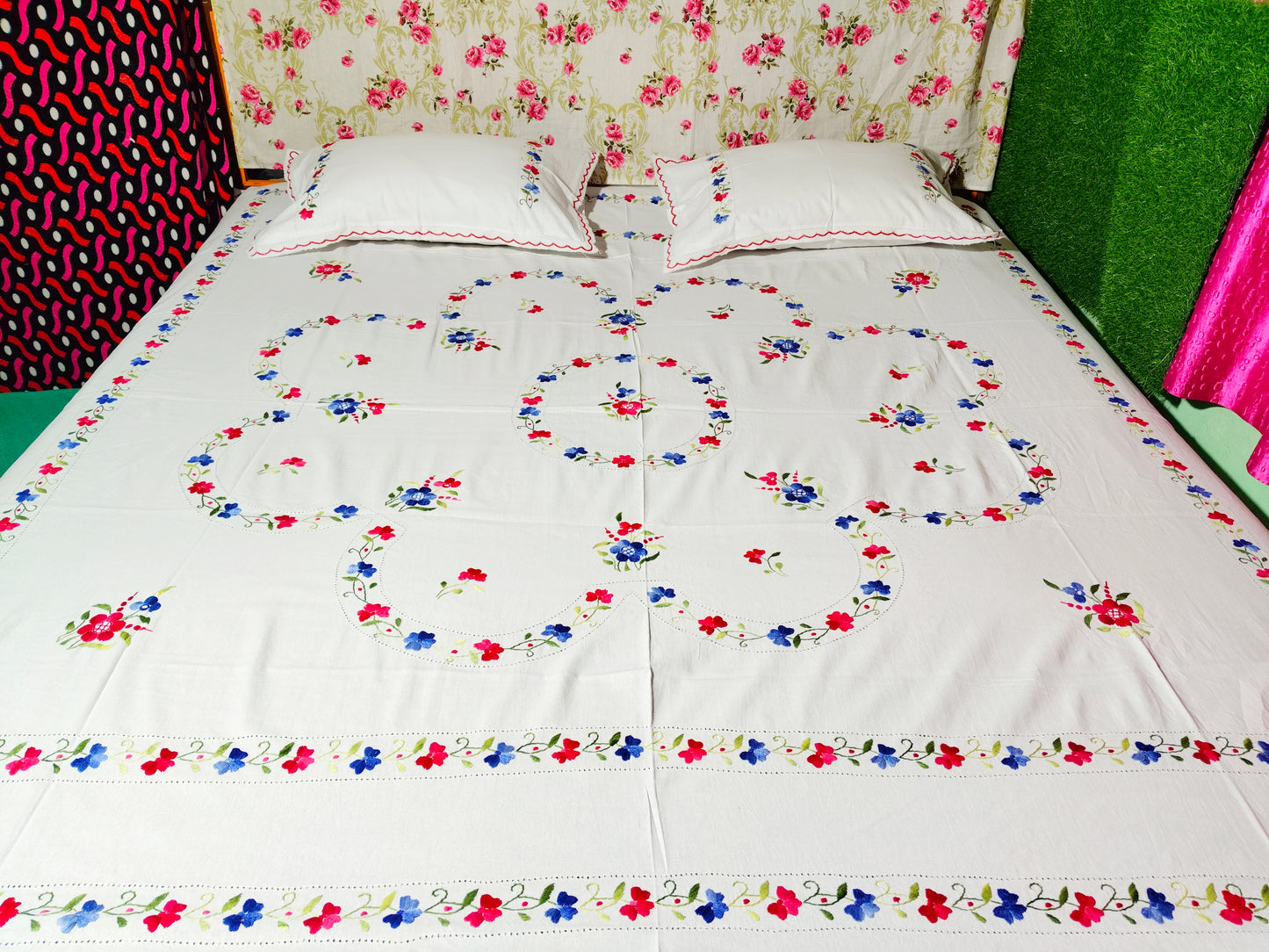 Chikonwala's Floral Embroidered Cotton Beading Bedsheet