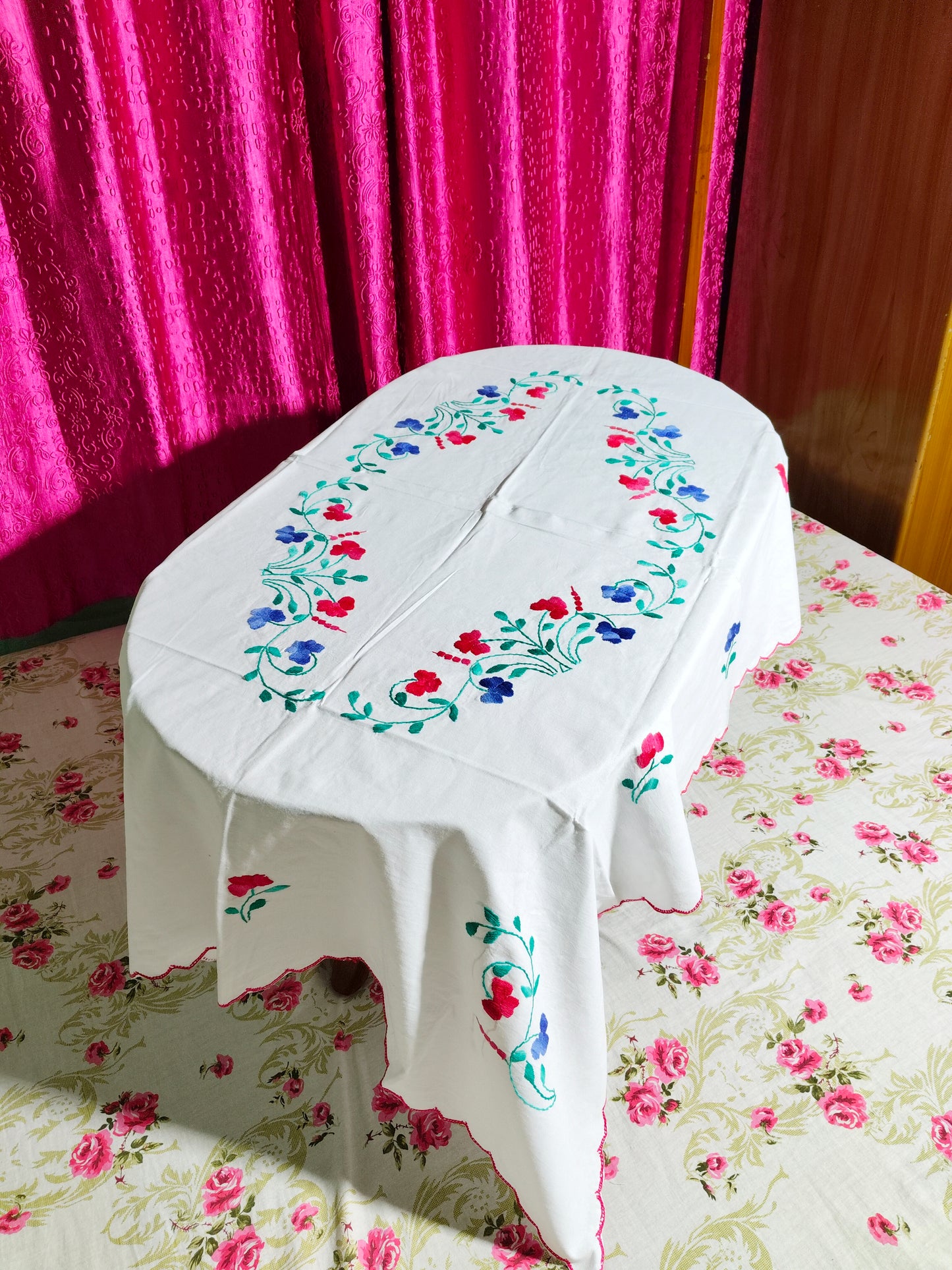 Hand Embroidered Floral Table Cover