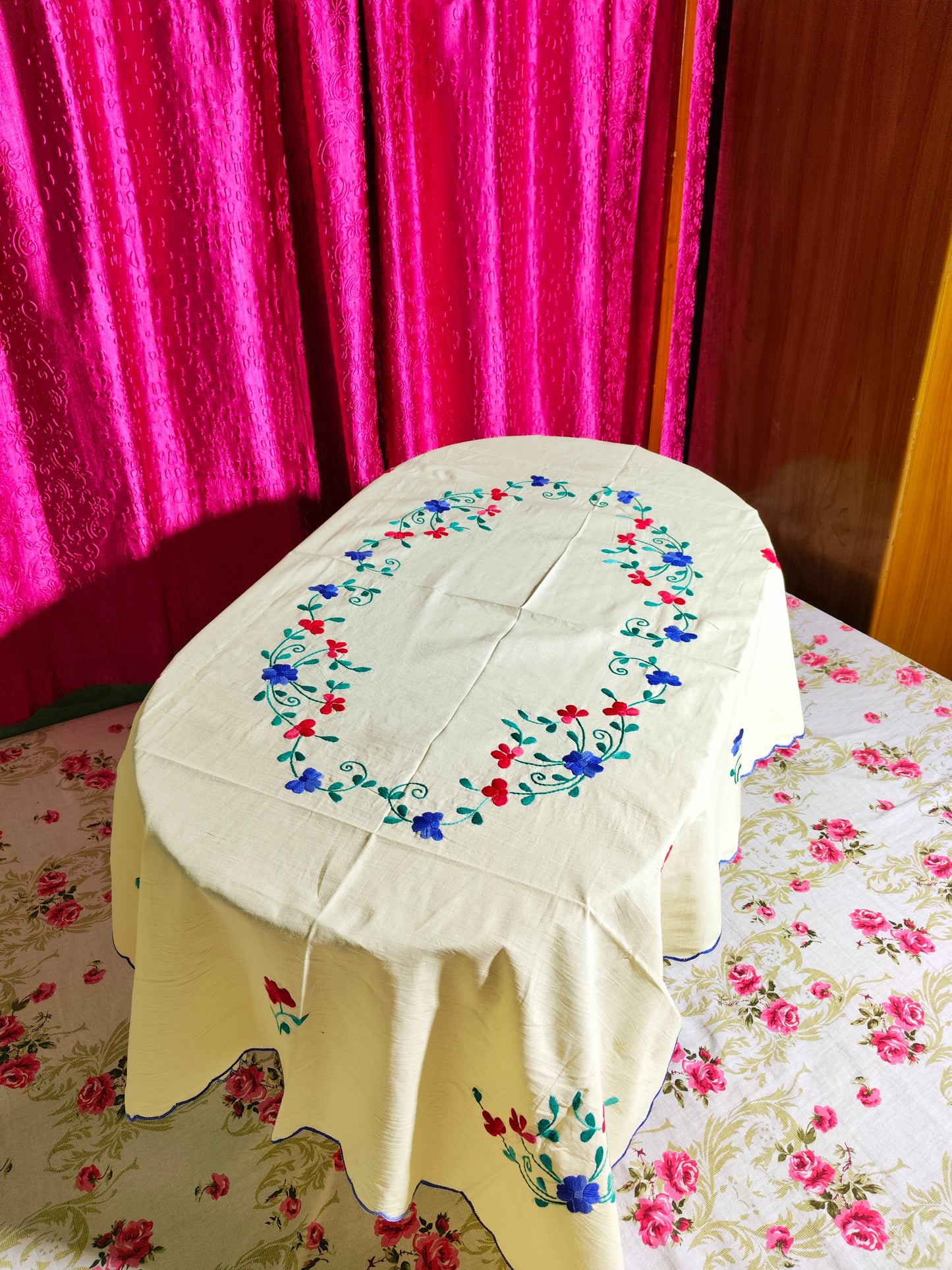 Hand Embroidered Floral Table Cover