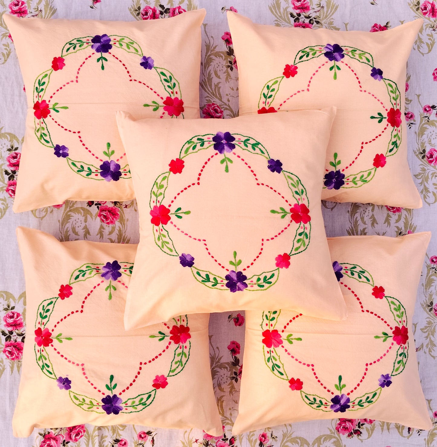 Hand Embroidered Cotton Cushion Covers (Set of 5)