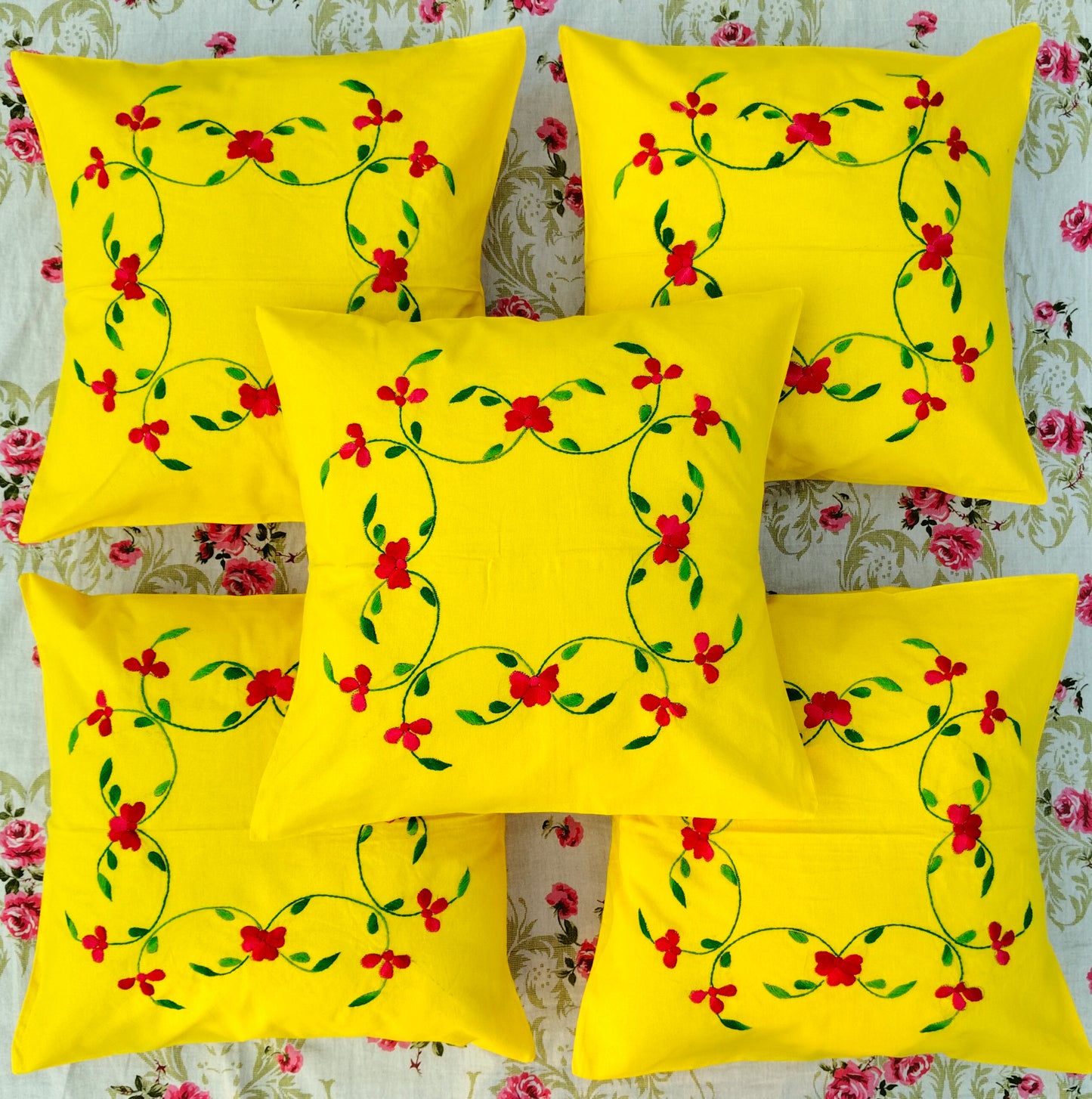 Hand Embroidered Cotton Cushion Covers (Set of 5)