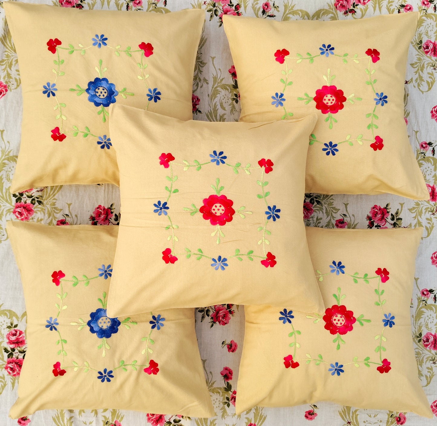 Hand Embroidered Cotton Cushion Covers (Set of 5)