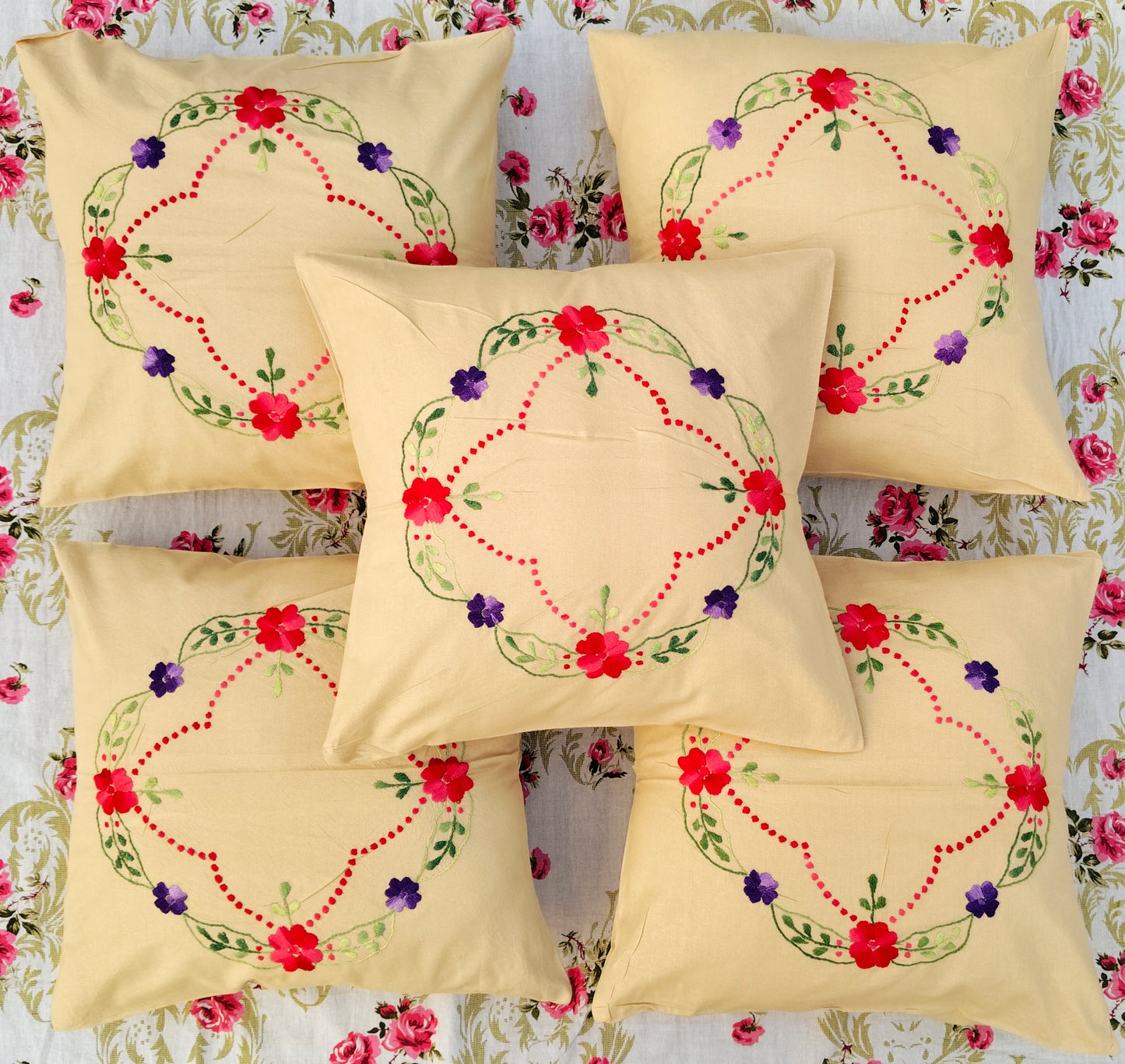 Hand Embroidered Cotton Cushion Covers (Set of 5)