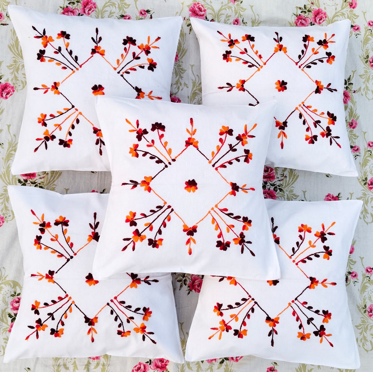 Hand Embroidered Cotton Cushion Covers (Set of 5)