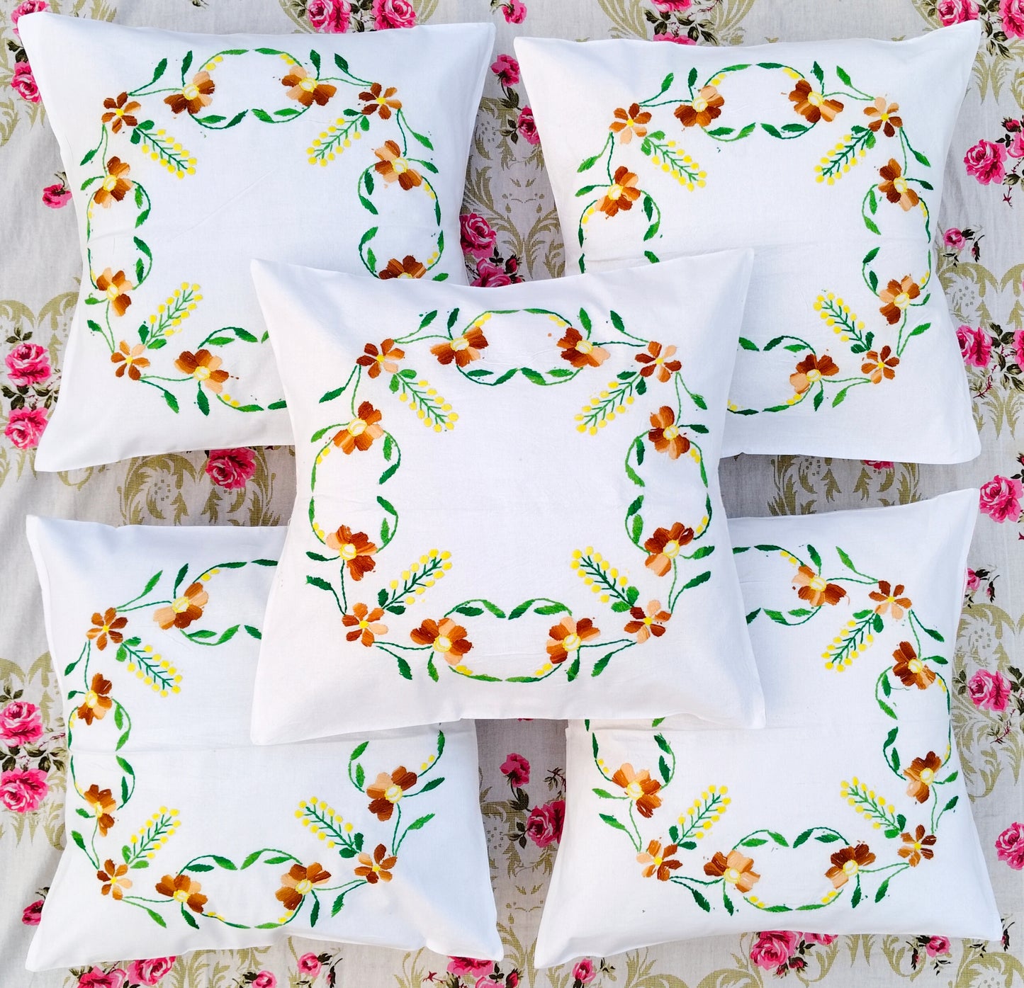 Hand Embroidered Cotton Cushion Covers (Set of 5)