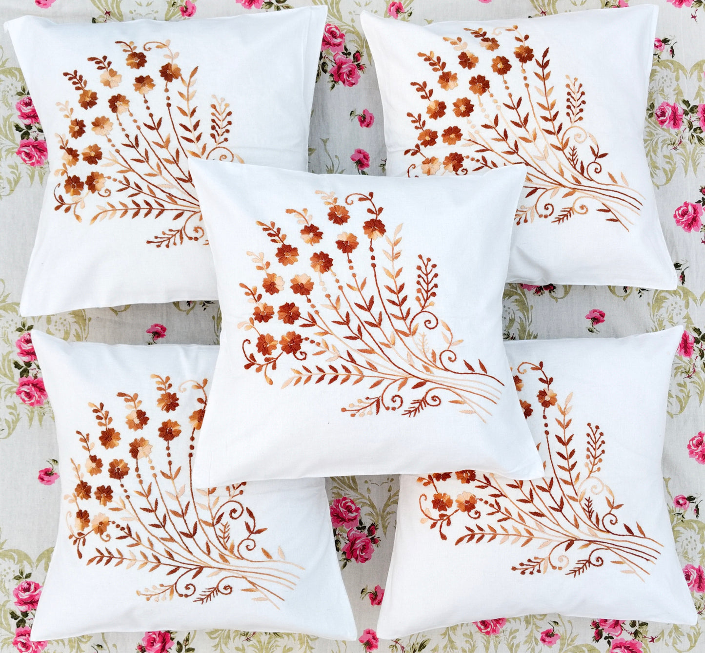 Hand Embroidered Cotton Cushion Covers (Set of 5)