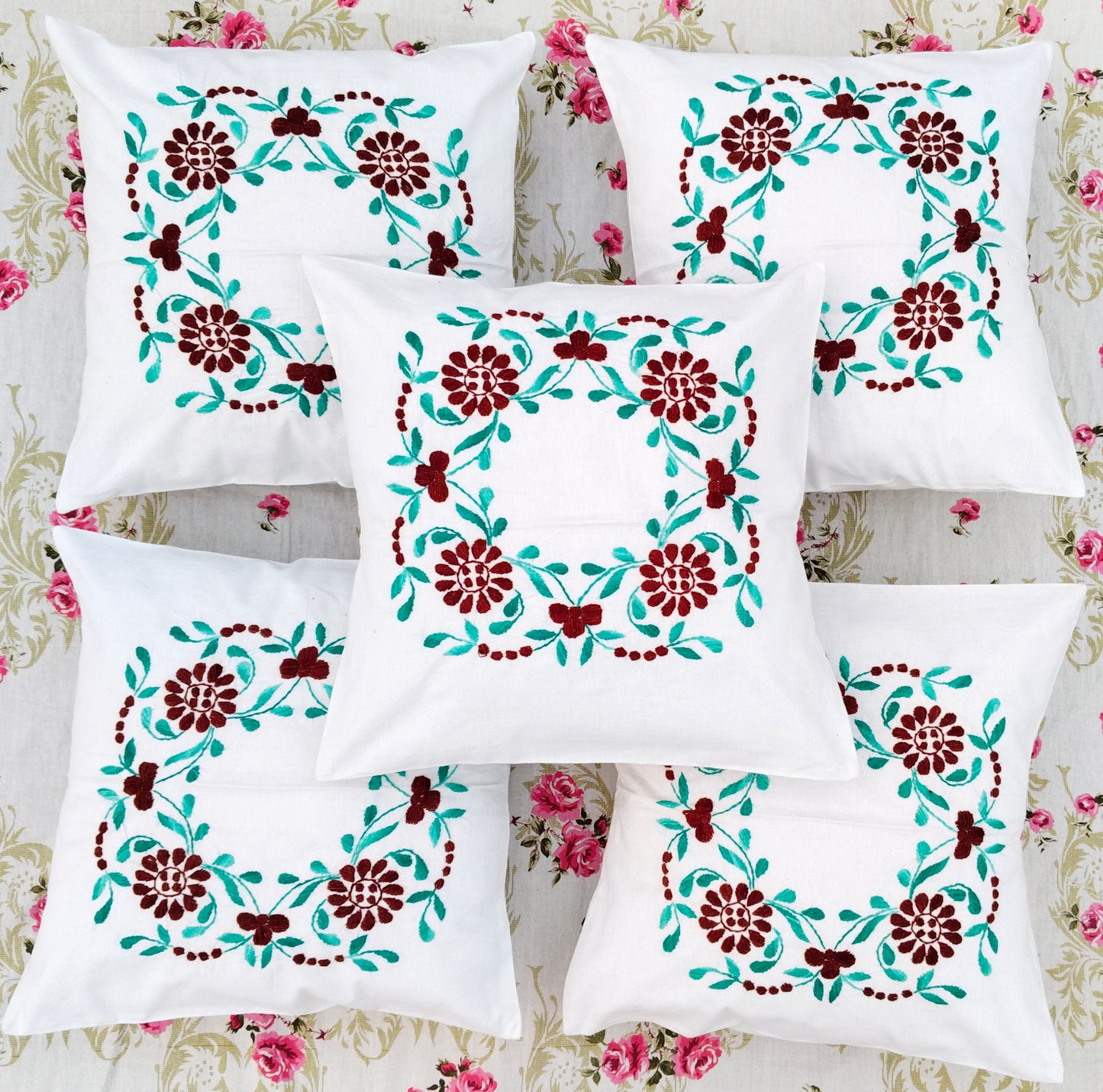 Hand Embroidered Cotton Cushion Covers (Set of 5)