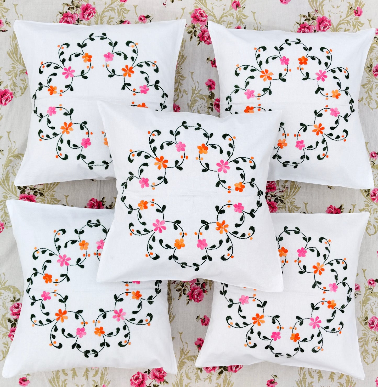 Hand Embroidered Cotton Cushion Covers (Set of 5)