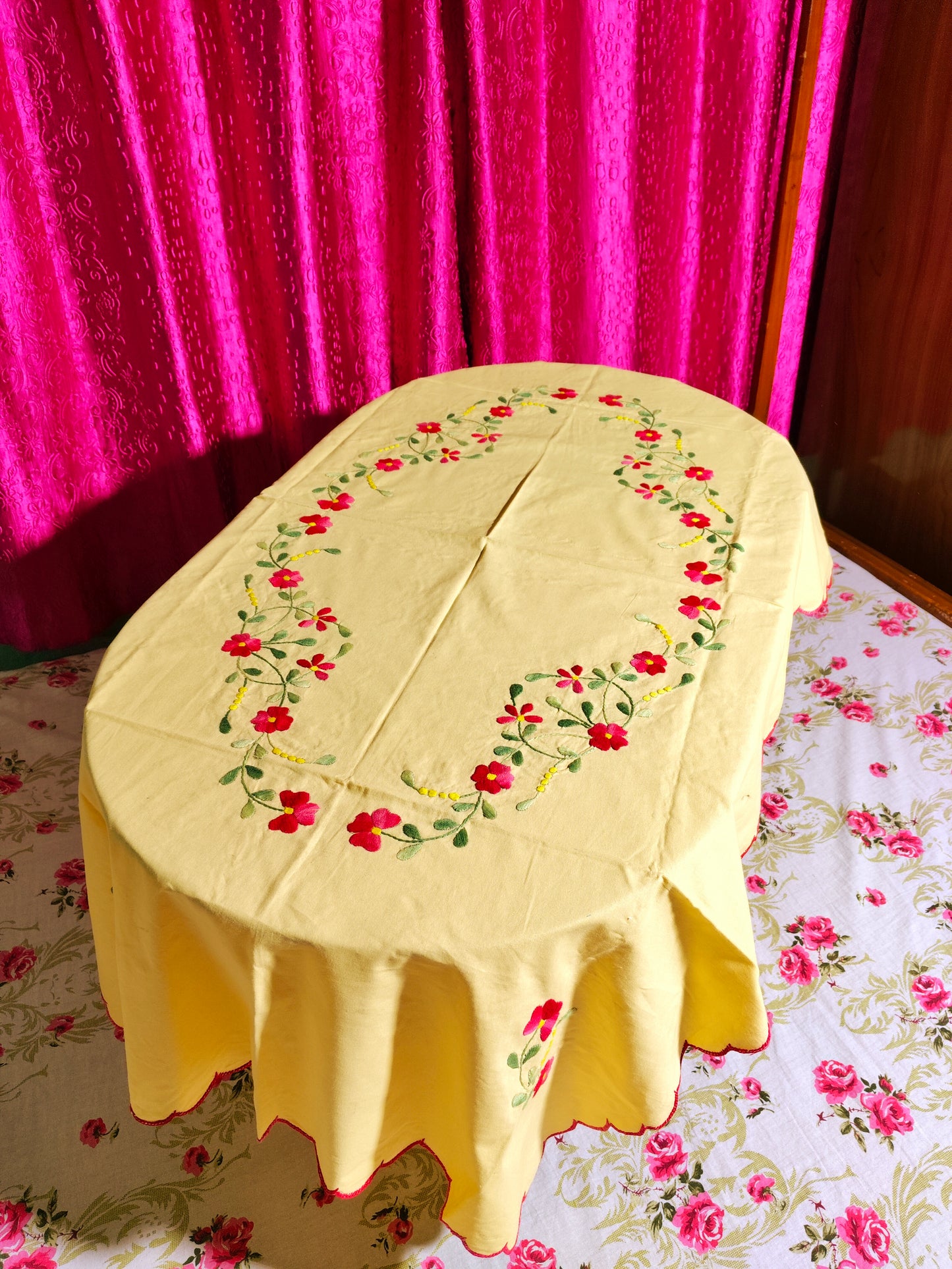 Hand Embroidered Floral Four Seater Table Cover