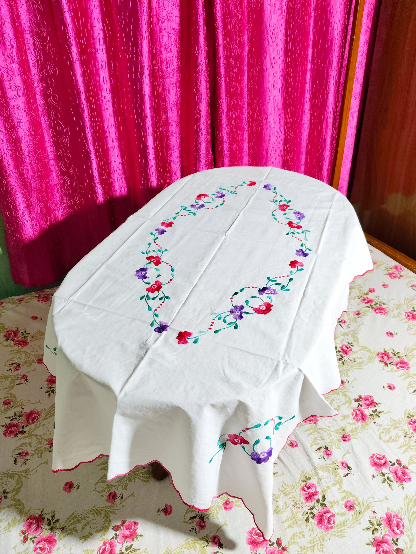 Hand Embroidered Floral Four Seater Table Cover