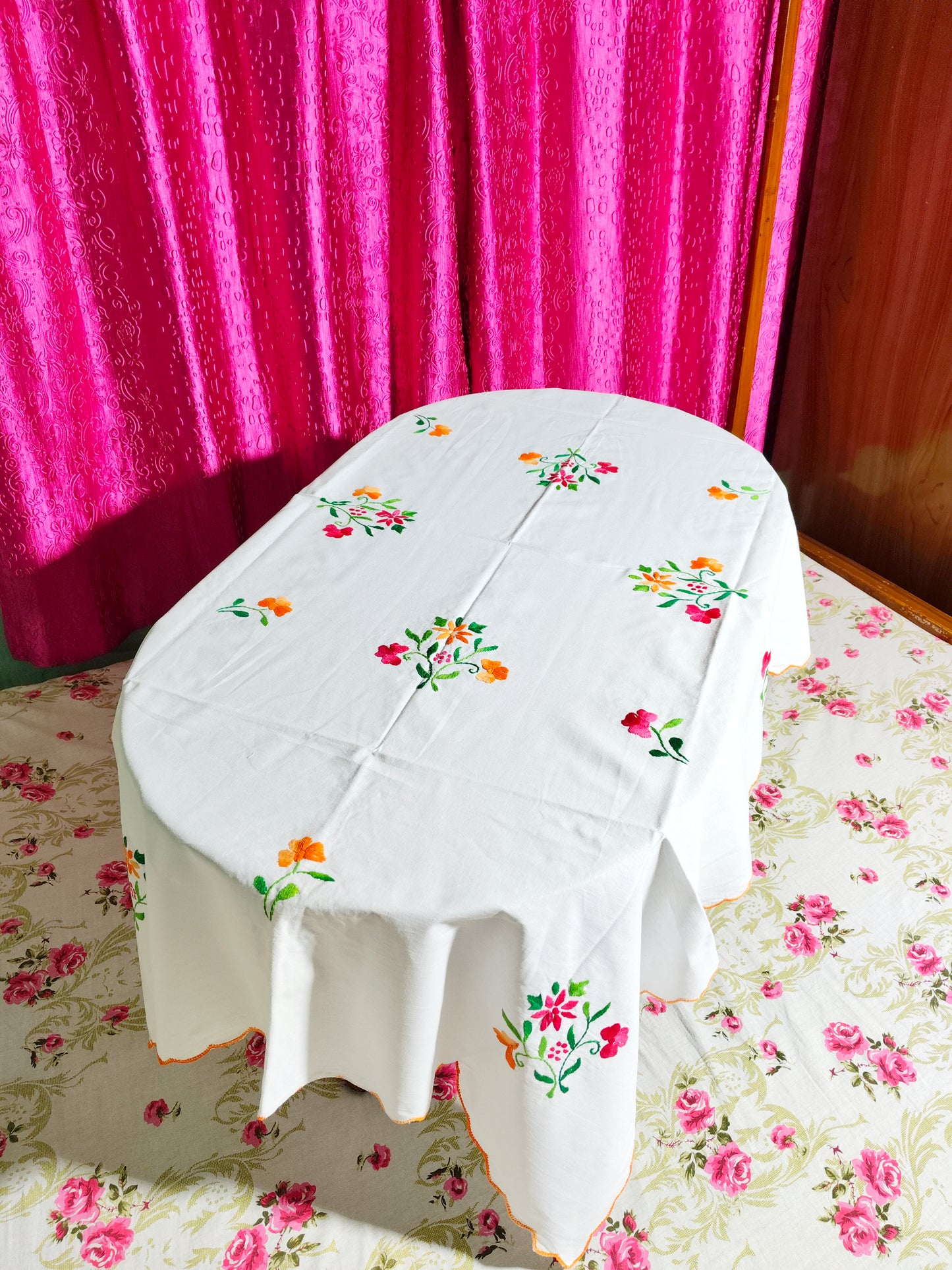 Hand Embroidered Floral Four Seater Table Cover