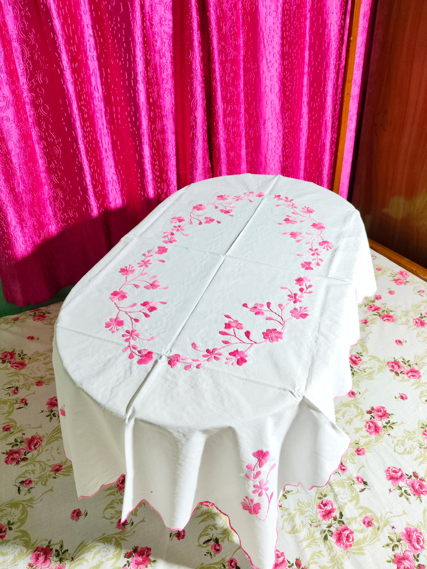 Hand Embroidered Floral Four Seater Table Cover