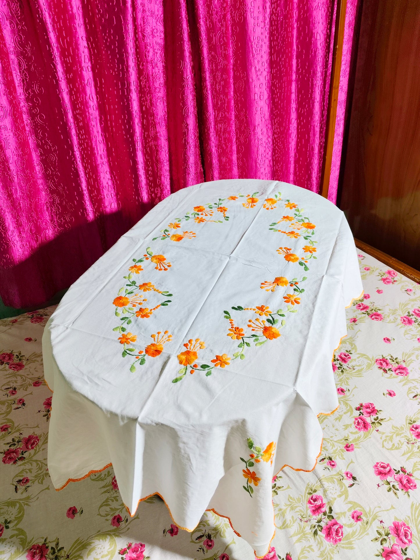 Hand Embroidered Floral Four Seater Table Cover