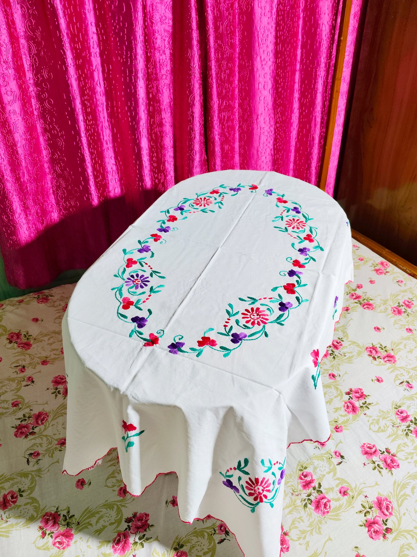 Hand Embroidered Floral Four Seater Table Cover