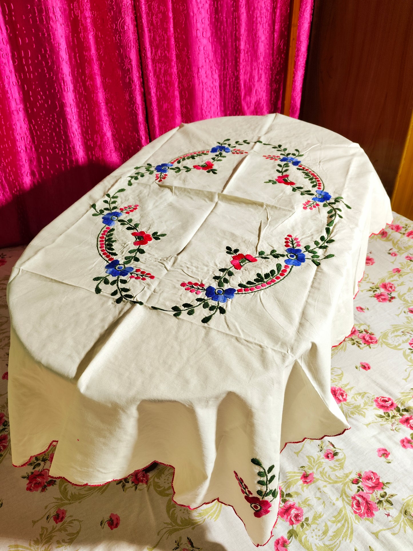 Hand Embroidered Floral Table Cover